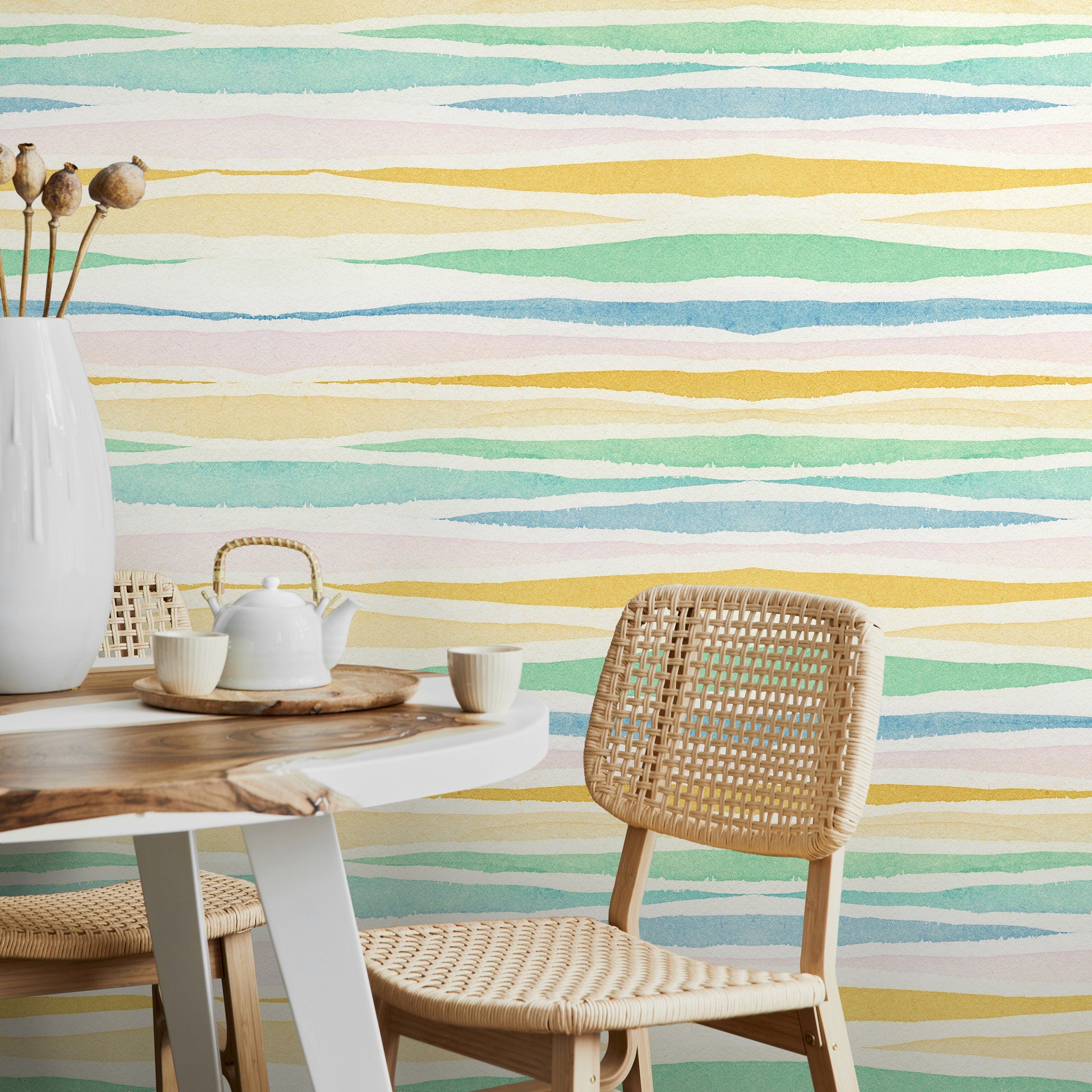 Watercolor Wallpaper With Wavy Stripes In Blue, Green, And Yellow - A133