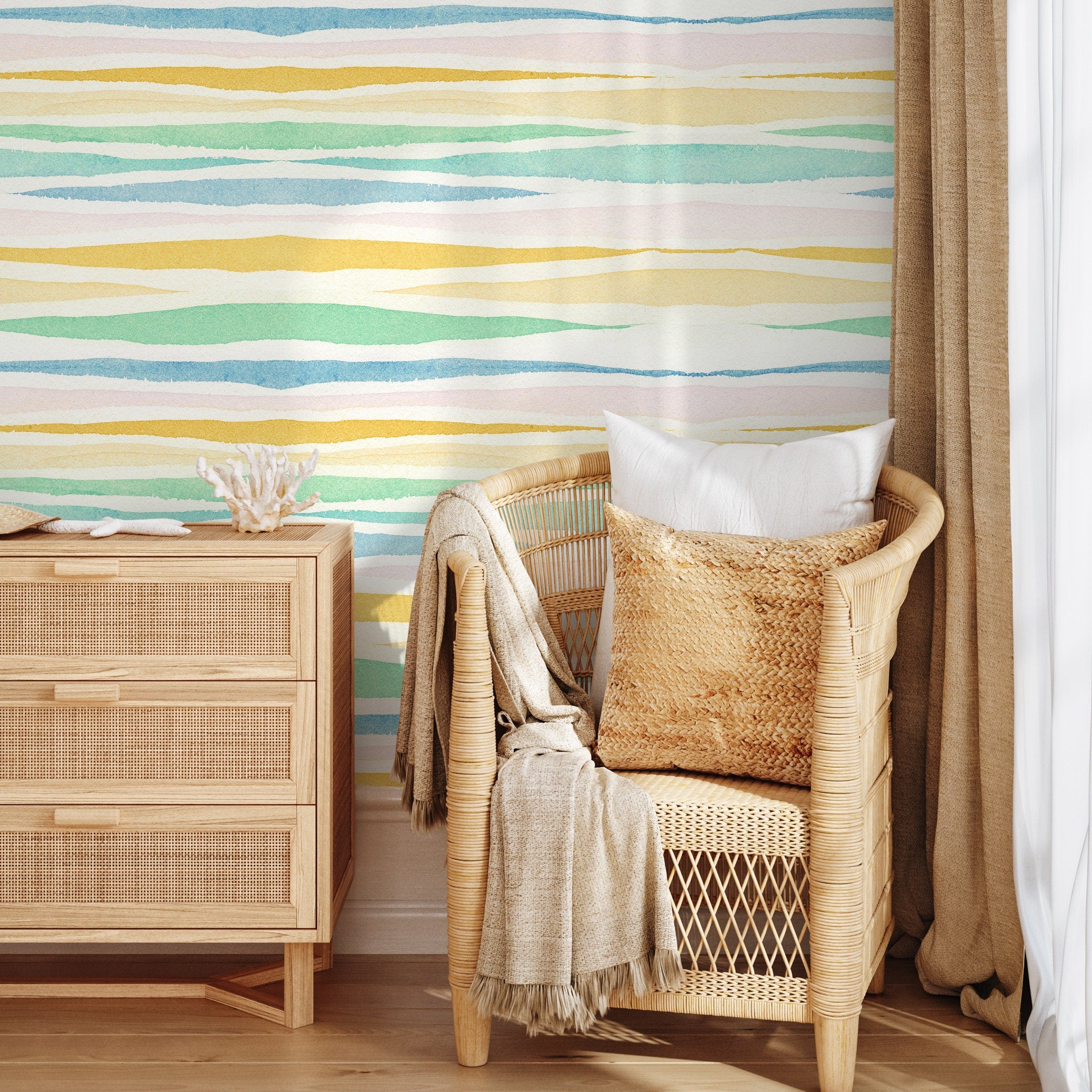 Watercolor Wallpaper With Wavy Stripes In Blue, Green, And Yellow - A133