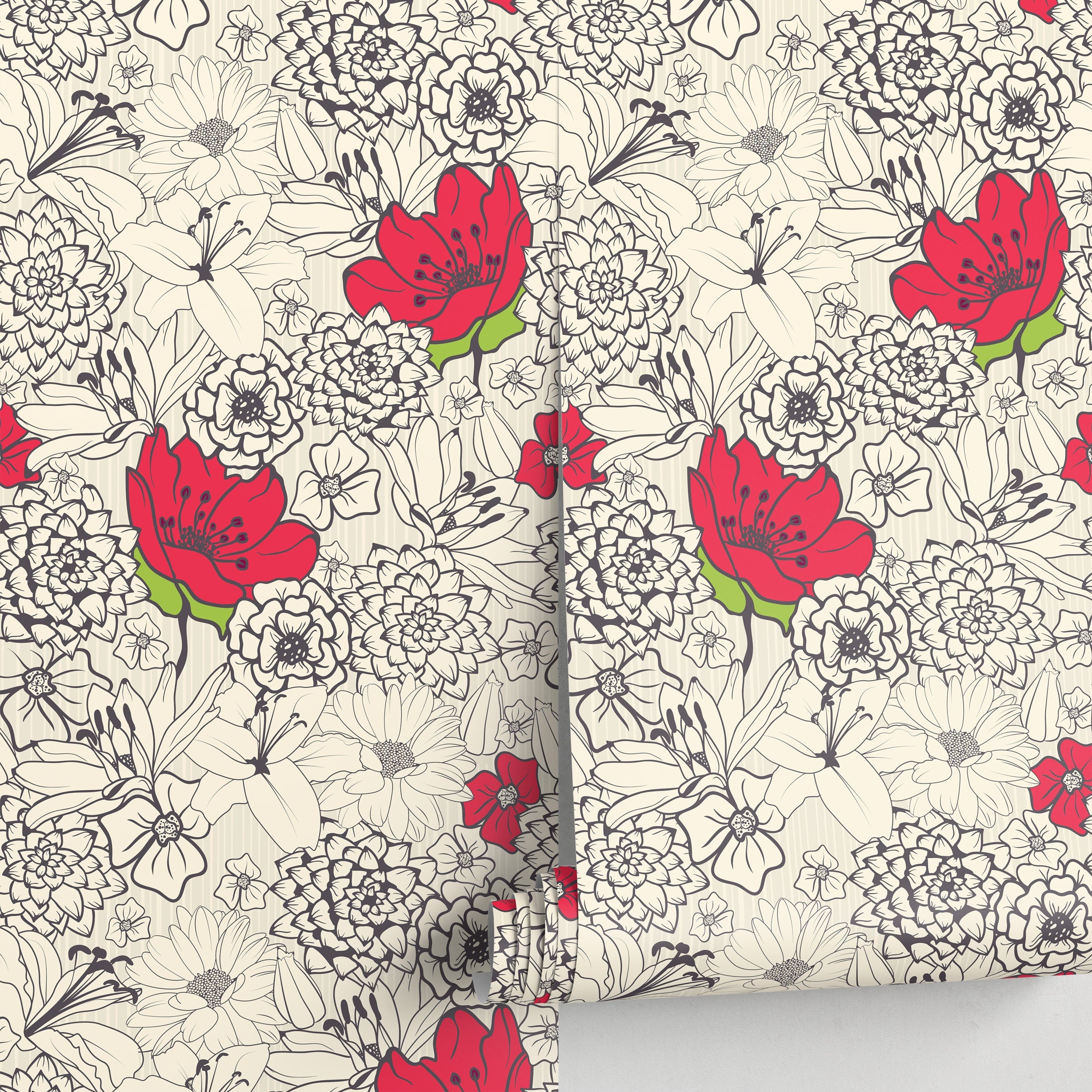 Floral Wallpaper With A Graphic Line Art Motif In Red, Black, And Beige - A138