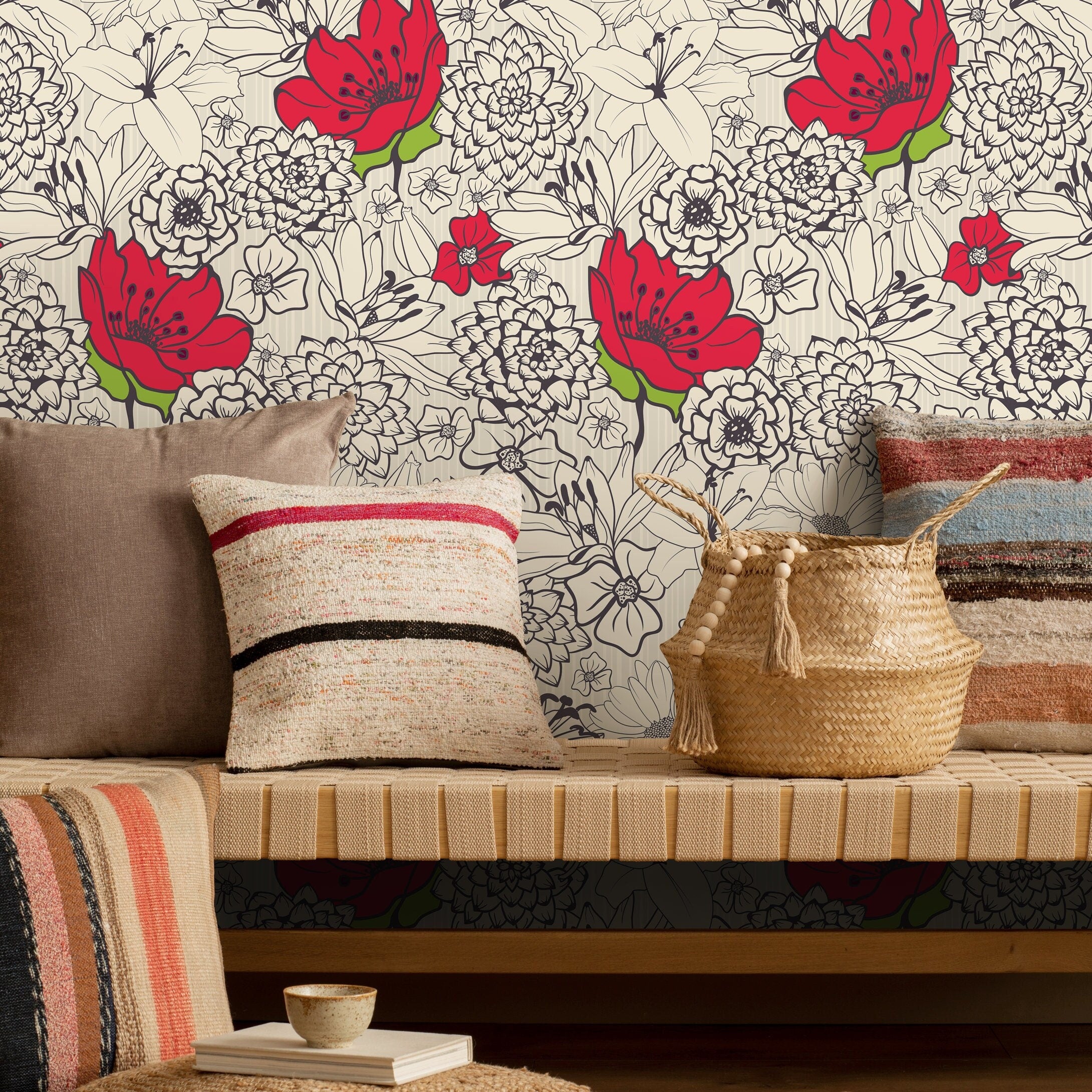 Floral Wallpaper With A Graphic Line Art Motif In Red, Black, And Beige - A138