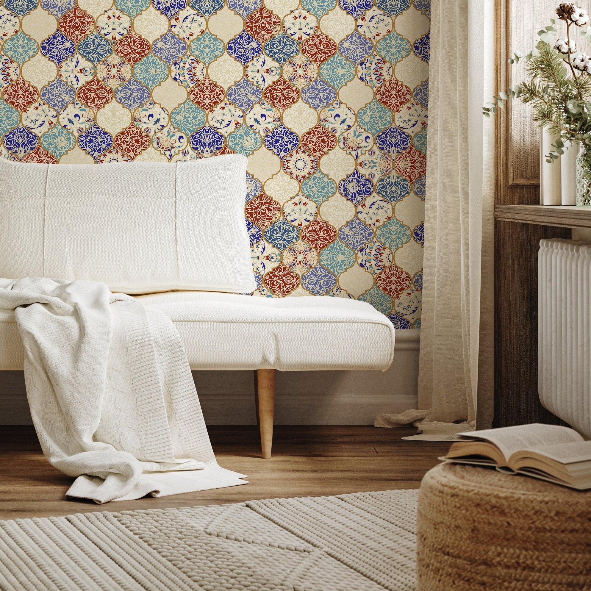 Tile Wallpaper With A Marrakech Motif In Blue, Red, And Gold - A139