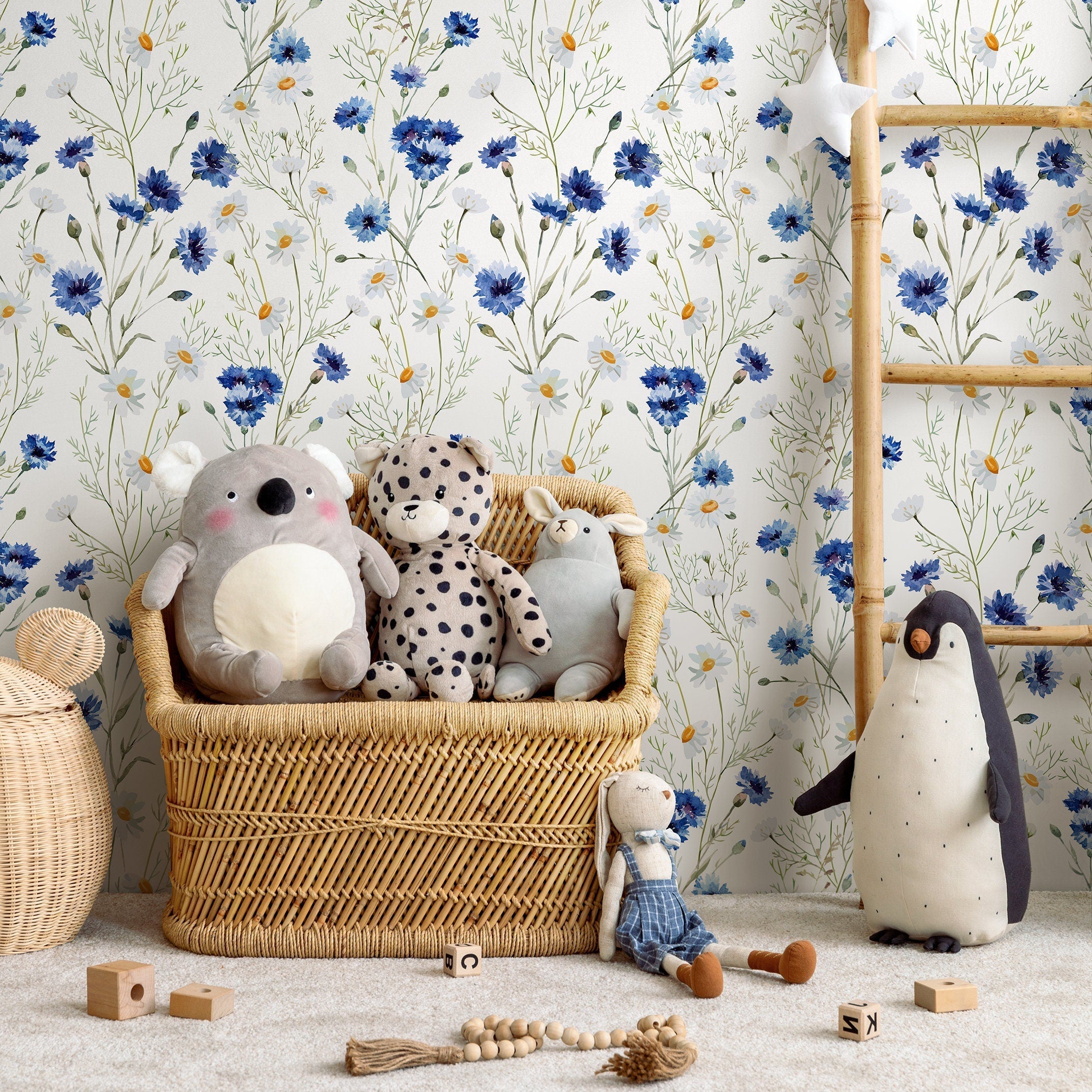 Floral Wallpaper With Cornflowers And Daisies In Blue And Green - A143