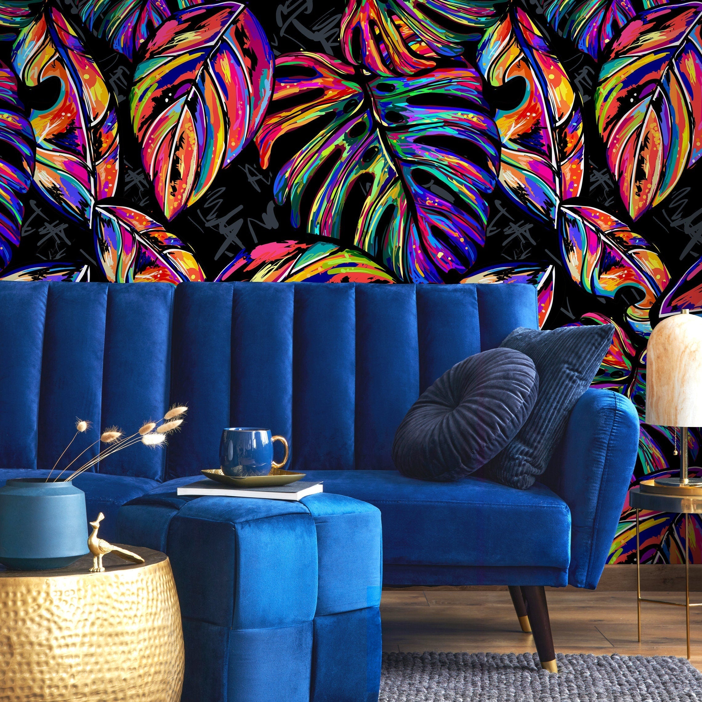 Botanical Wallpaper With Abstract Monstera Leaves In Pink, Blue, And Yellow - A147