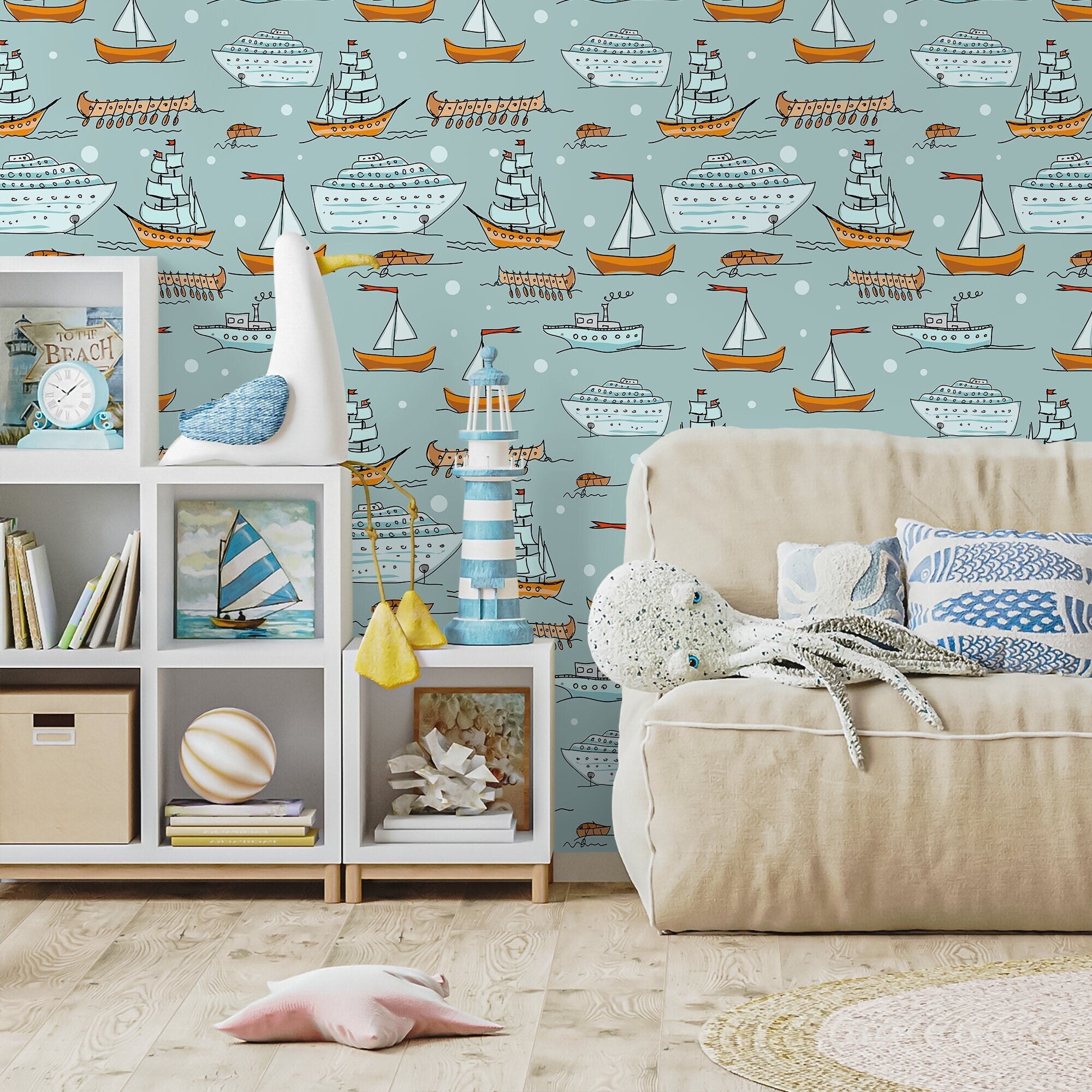 Nautical Wallpaper With Hand-drawn Ships And Boats In Blue And Orange - A166