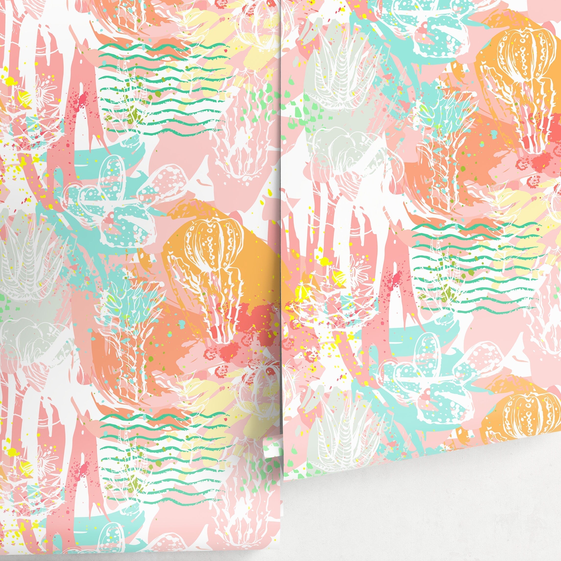 Abstract Wallpaper With A Colorful Cactus Collage In Pink, Orange, And Teal - A201