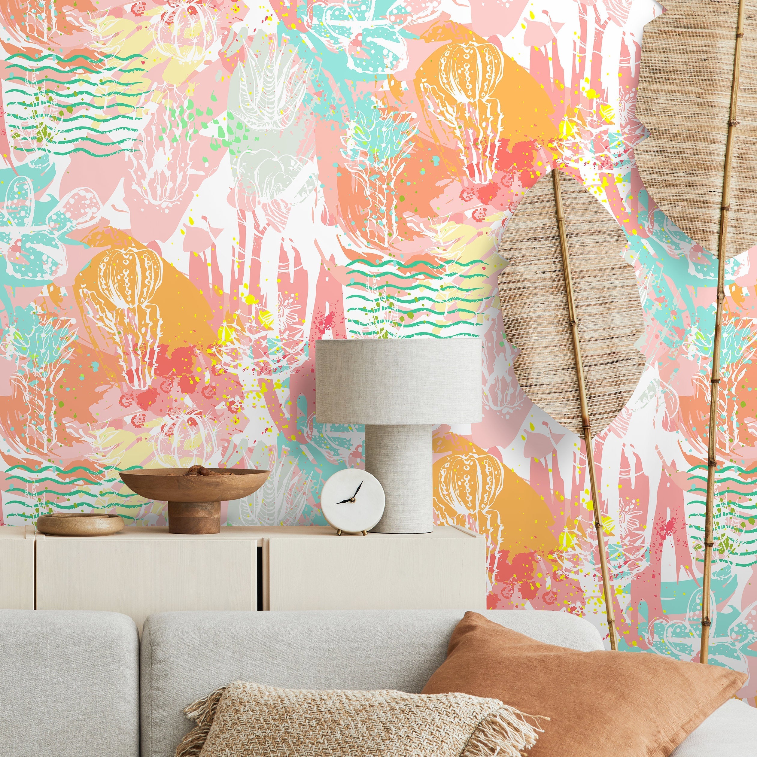 Abstract Wallpaper With A Colorful Cactus Collage In Pink, Orange, And Teal - A201
