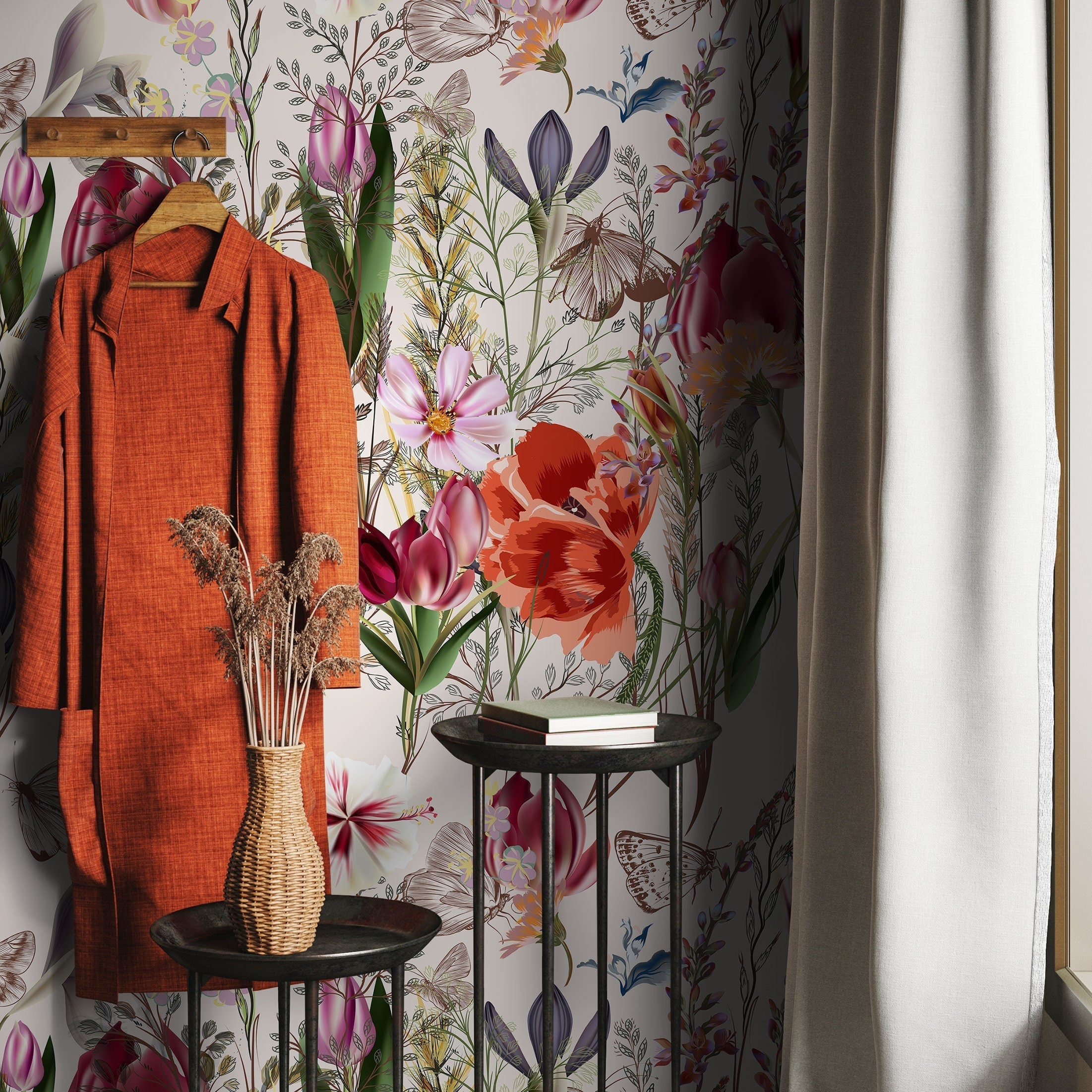 Botanical Wallpaper With Tulips, Poppies, And Butterflies In Red, Pink, And Purple - A212