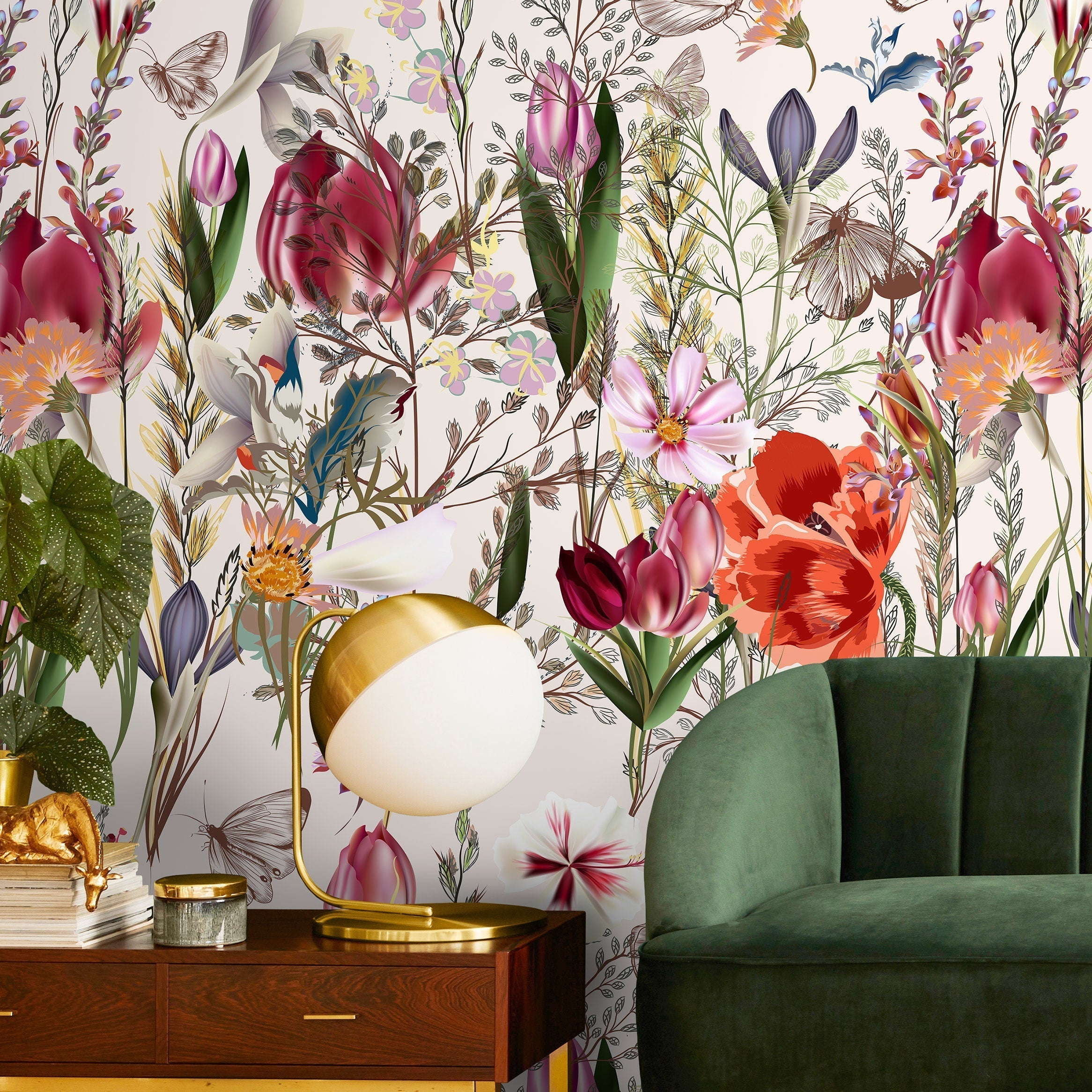 Botanical Wallpaper With Tulips, Poppies, And Butterflies In Red, Pink, And Purple - A212