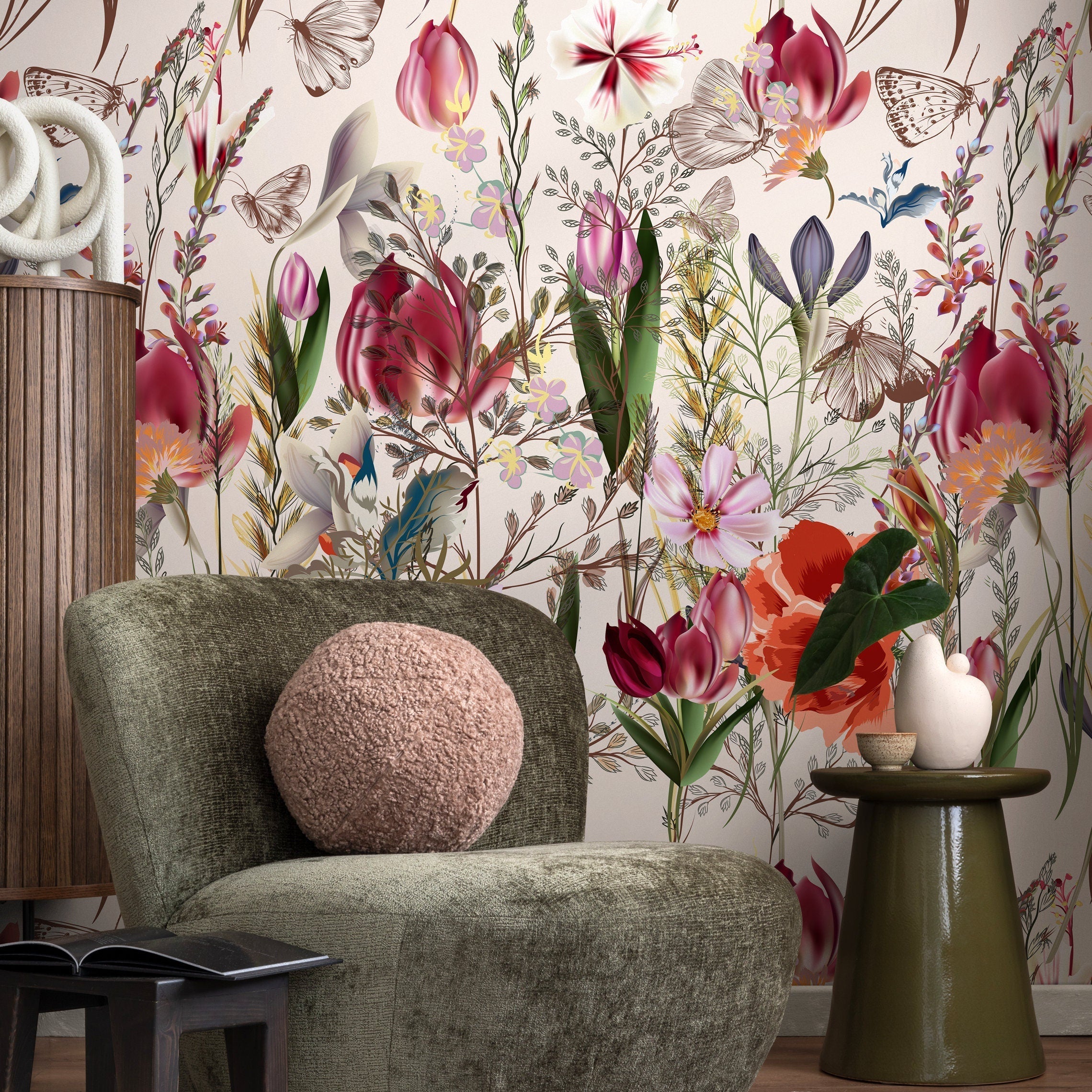 Botanical Wallpaper With Tulips, Poppies, And Butterflies In Red, Pink, And Purple - A212