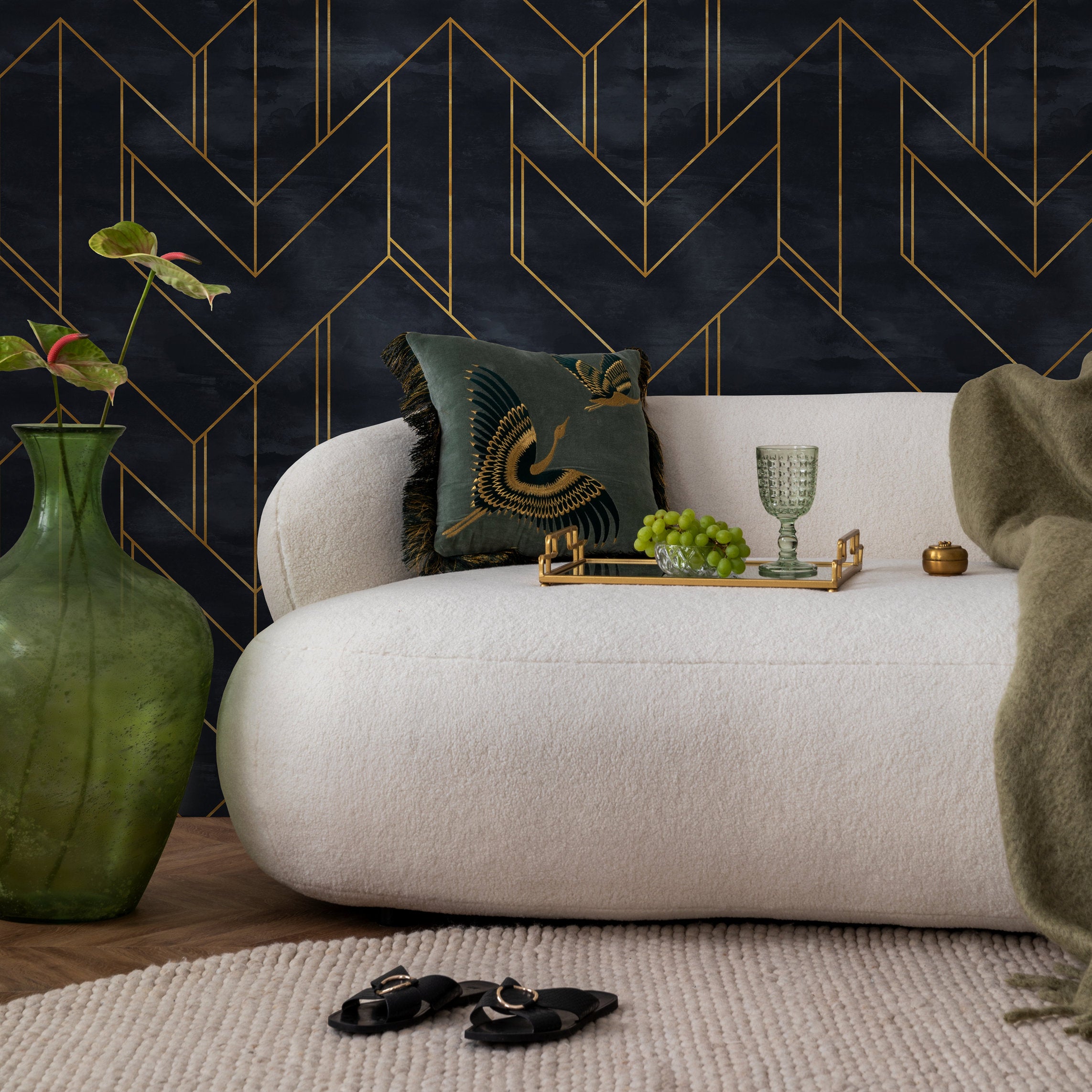 Art Deco Wallpaper With Geometric Lines In Dark Blue And Gold - A239