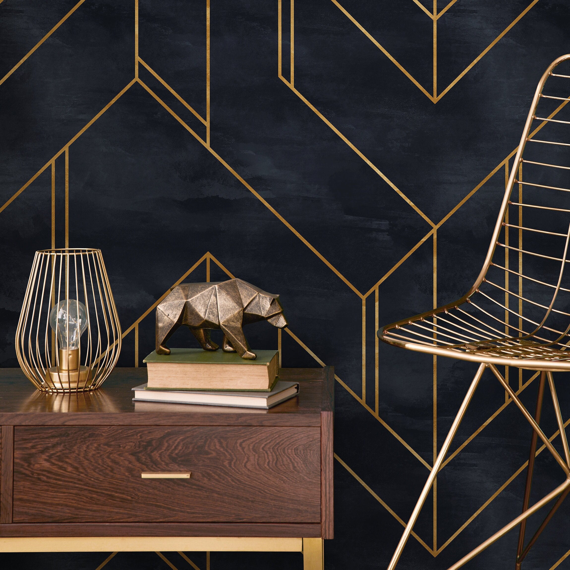 Art Deco Wallpaper With Geometric Lines In Dark Blue And Gold - A239