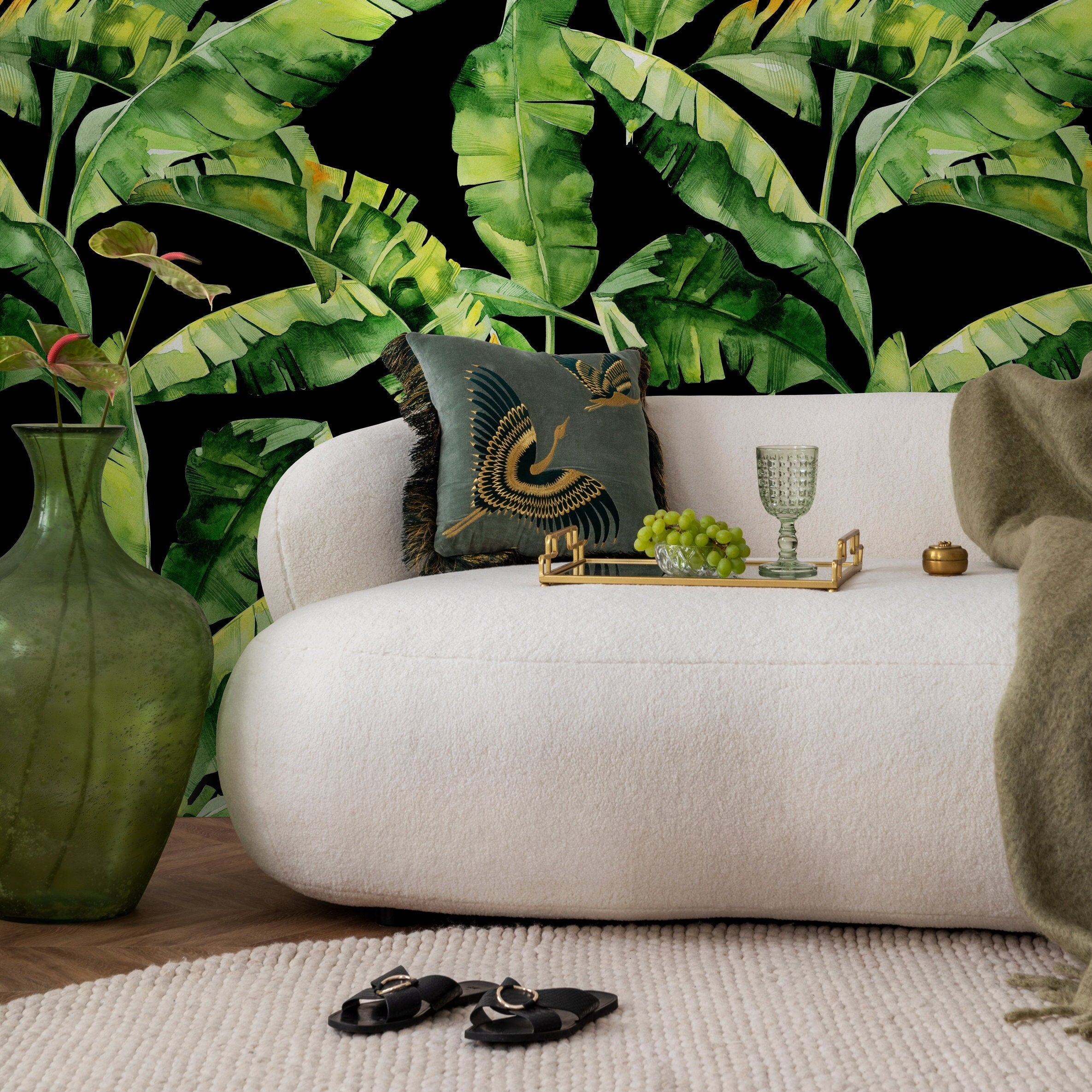 Tropical Wallpaper With Watercolor Banana Leaves In Green And Black - A266