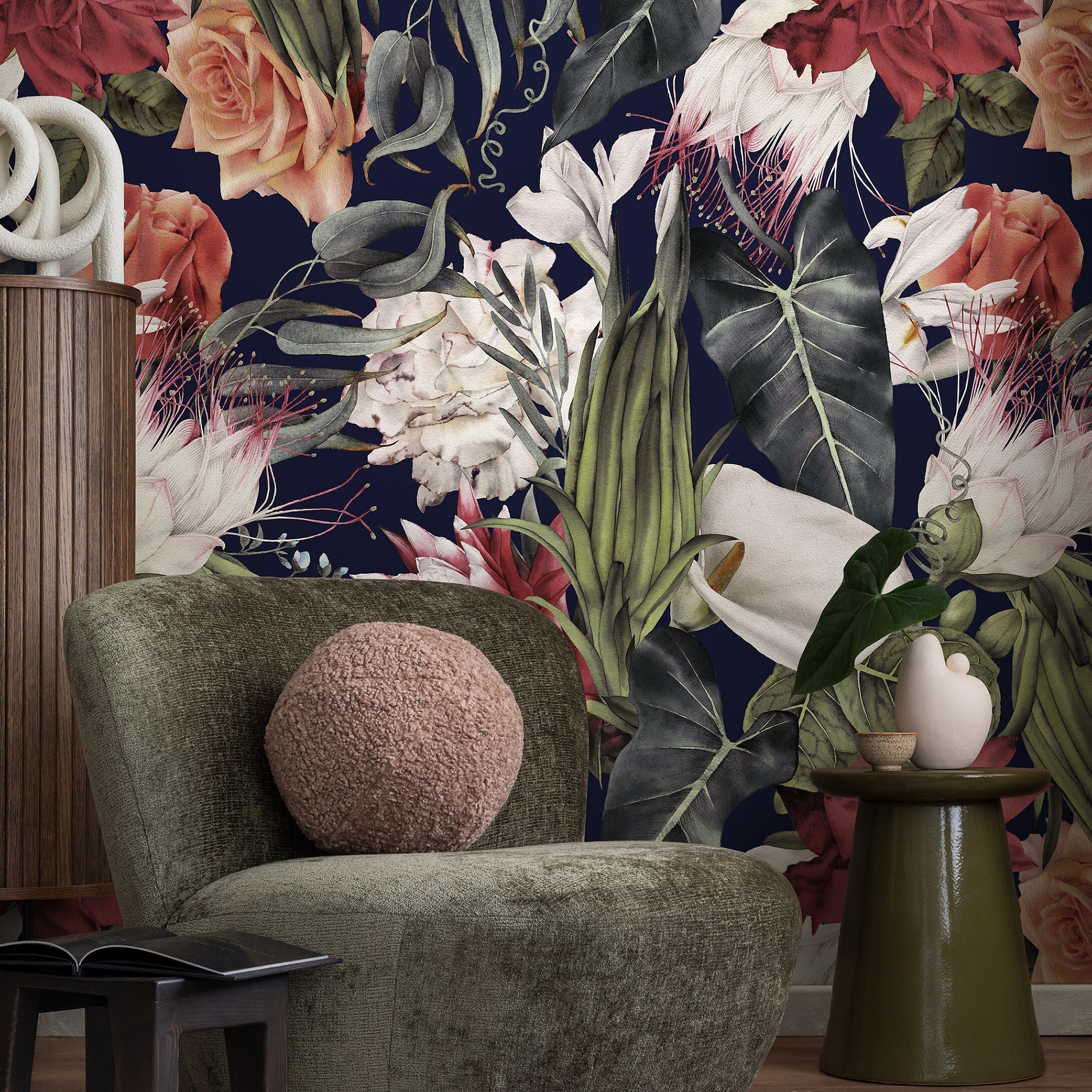 Dark Floral Wallpaper With Moody Roses In Red, Green, And Peach - A845