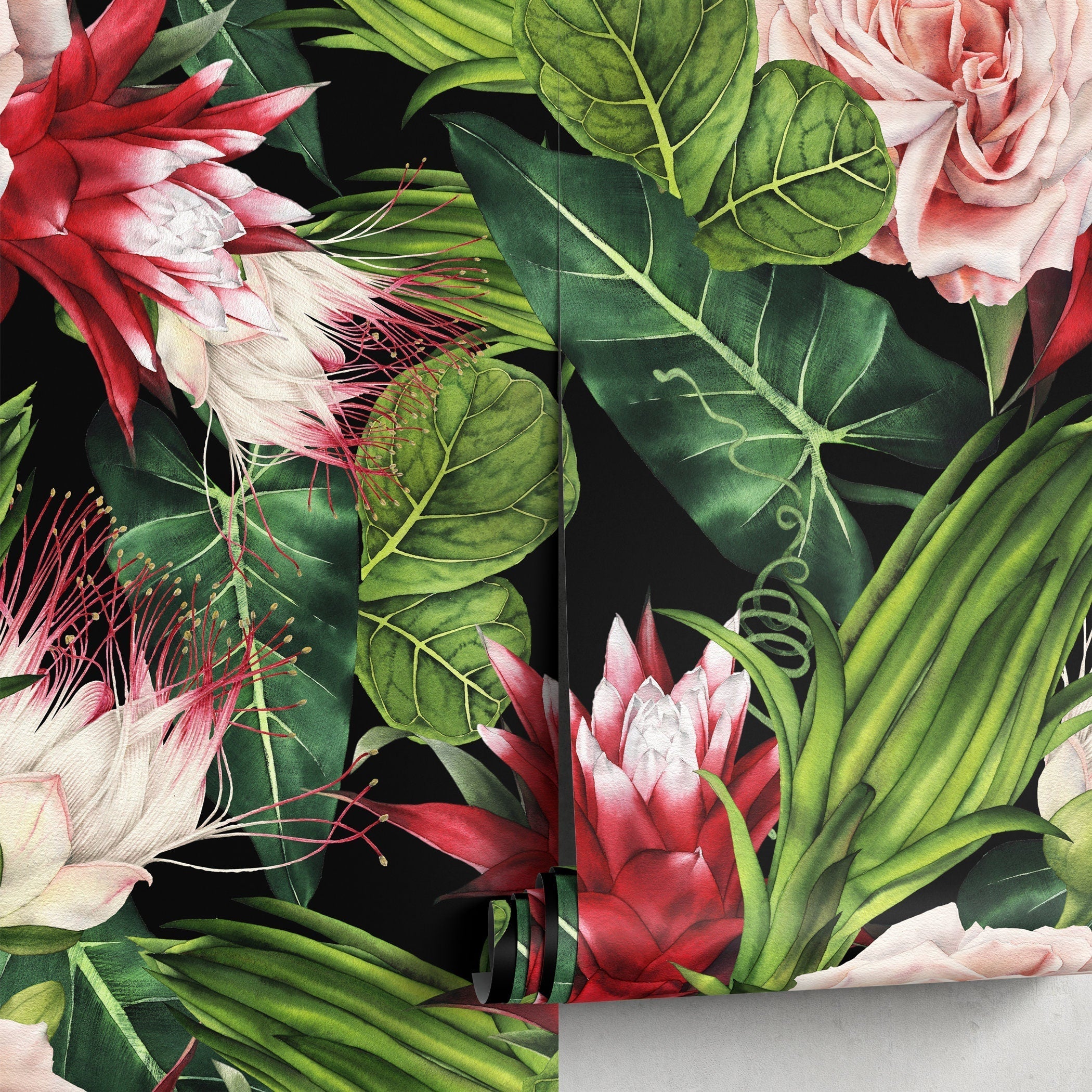 Botanical Wallpaper With Tropical Roses And Exotic Blooms In Pink, Red, And Green - A847