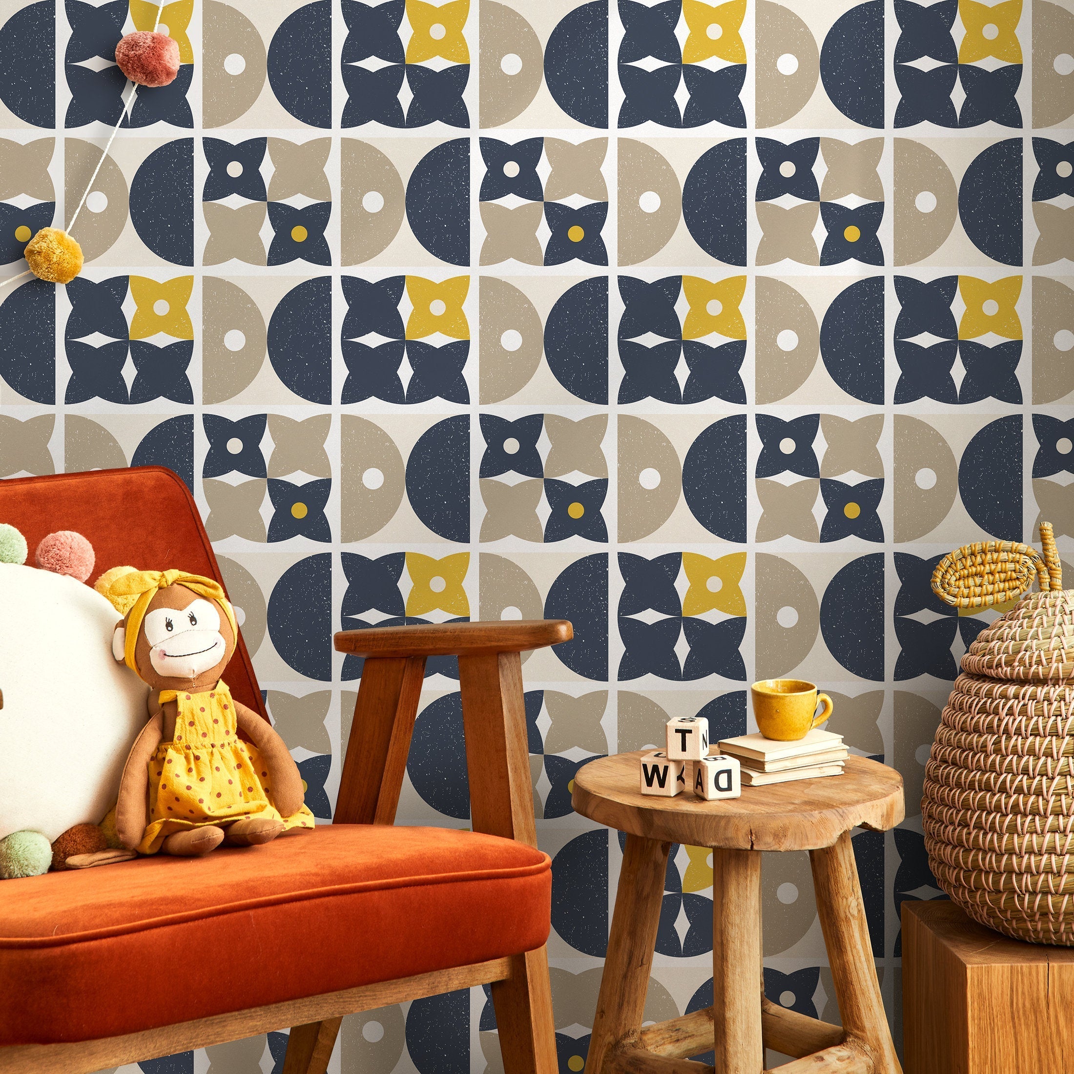 Geometric Wallpaper With A Retro Tiled Pattern In Navy Blue, Yellow, And Beige - A866