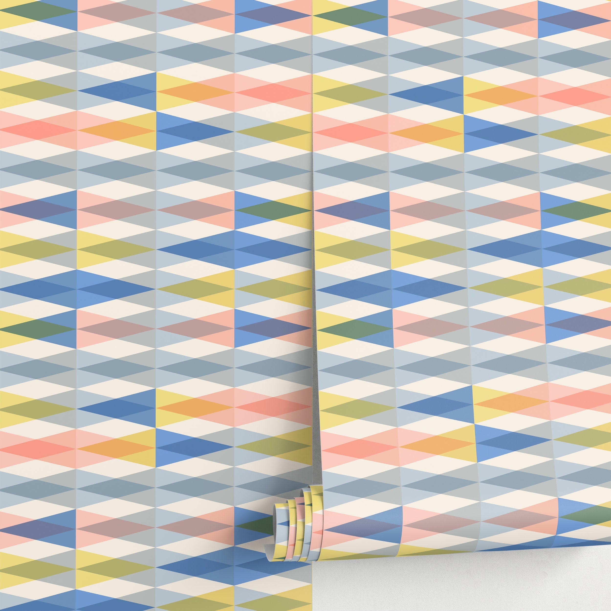 Geometric Wallpaper With A Colorful Diamond Motif In Blue, Yellow, And Pink - D992