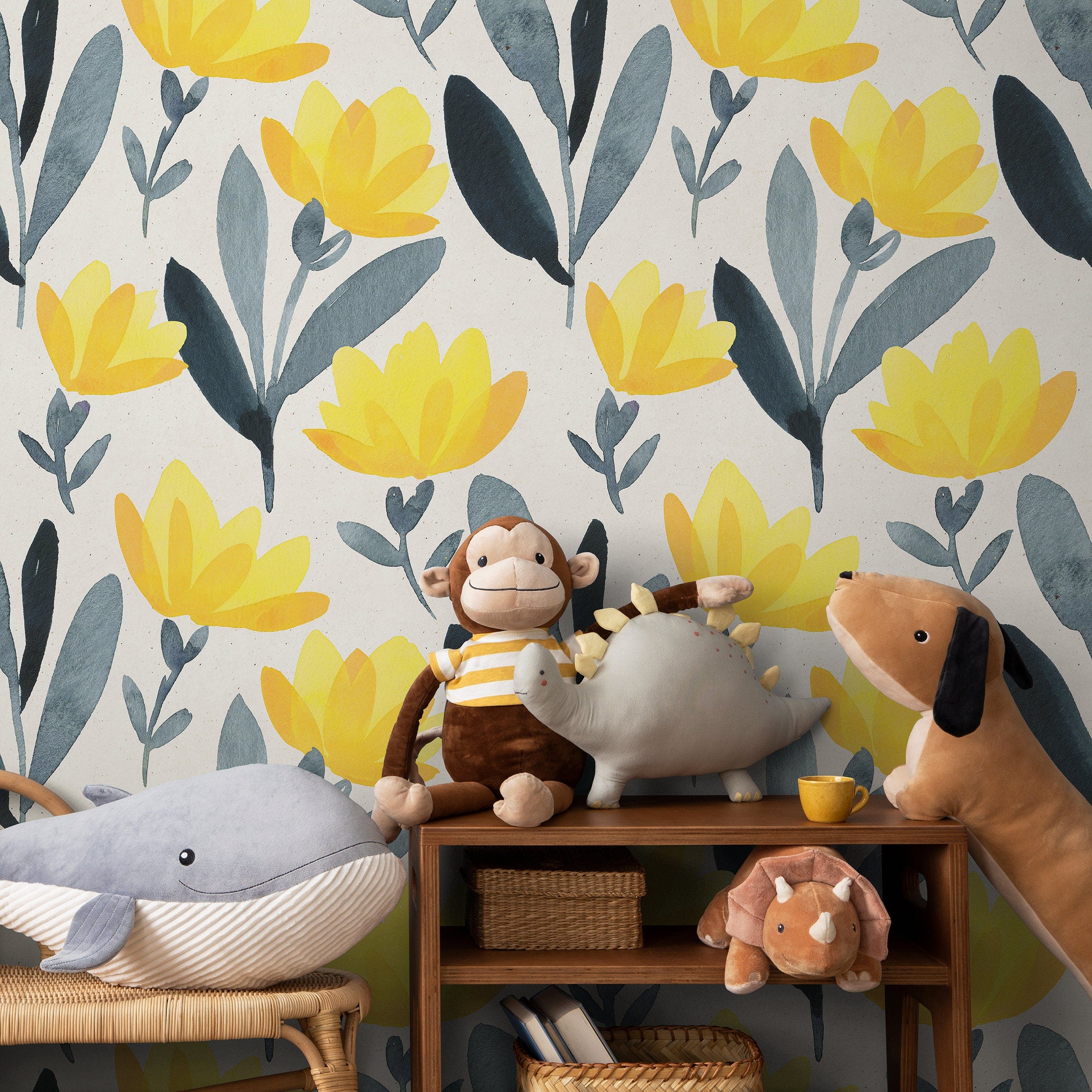 Floral Wallpaper With A Watercolor Motif In Yellow And Grey - A697