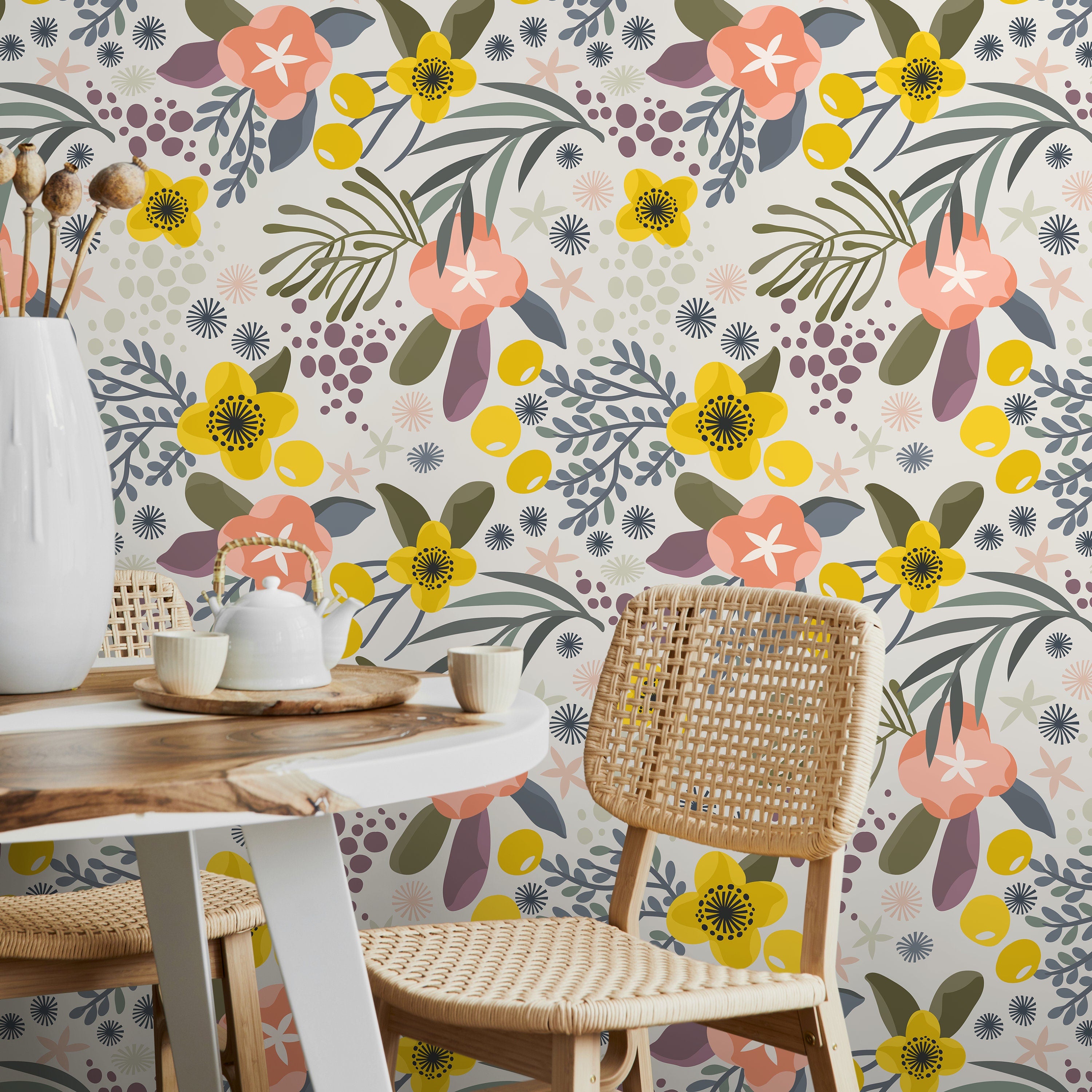 Floral Wallpaper With A Folk Art Motif In Yellow, Pink, And Green - A715