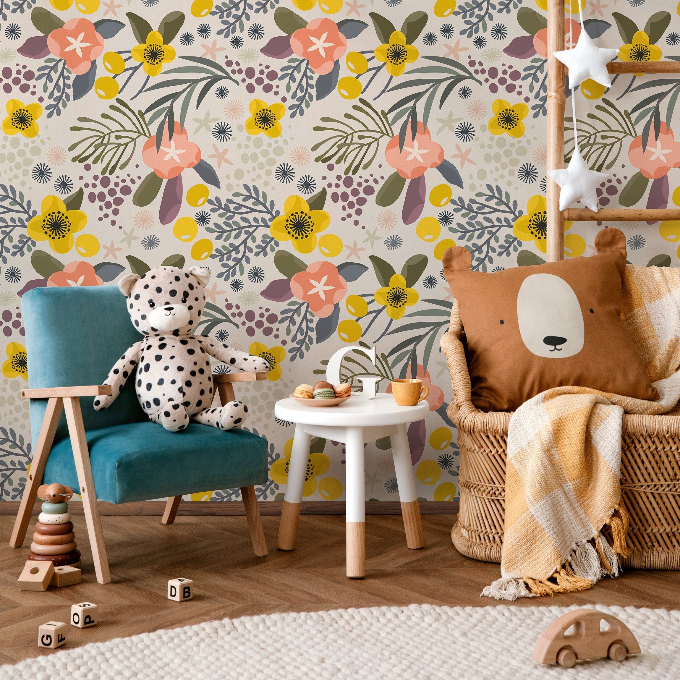 Floral Wallpaper With A Folk Art Motif In Yellow, Pink, And Green - A715