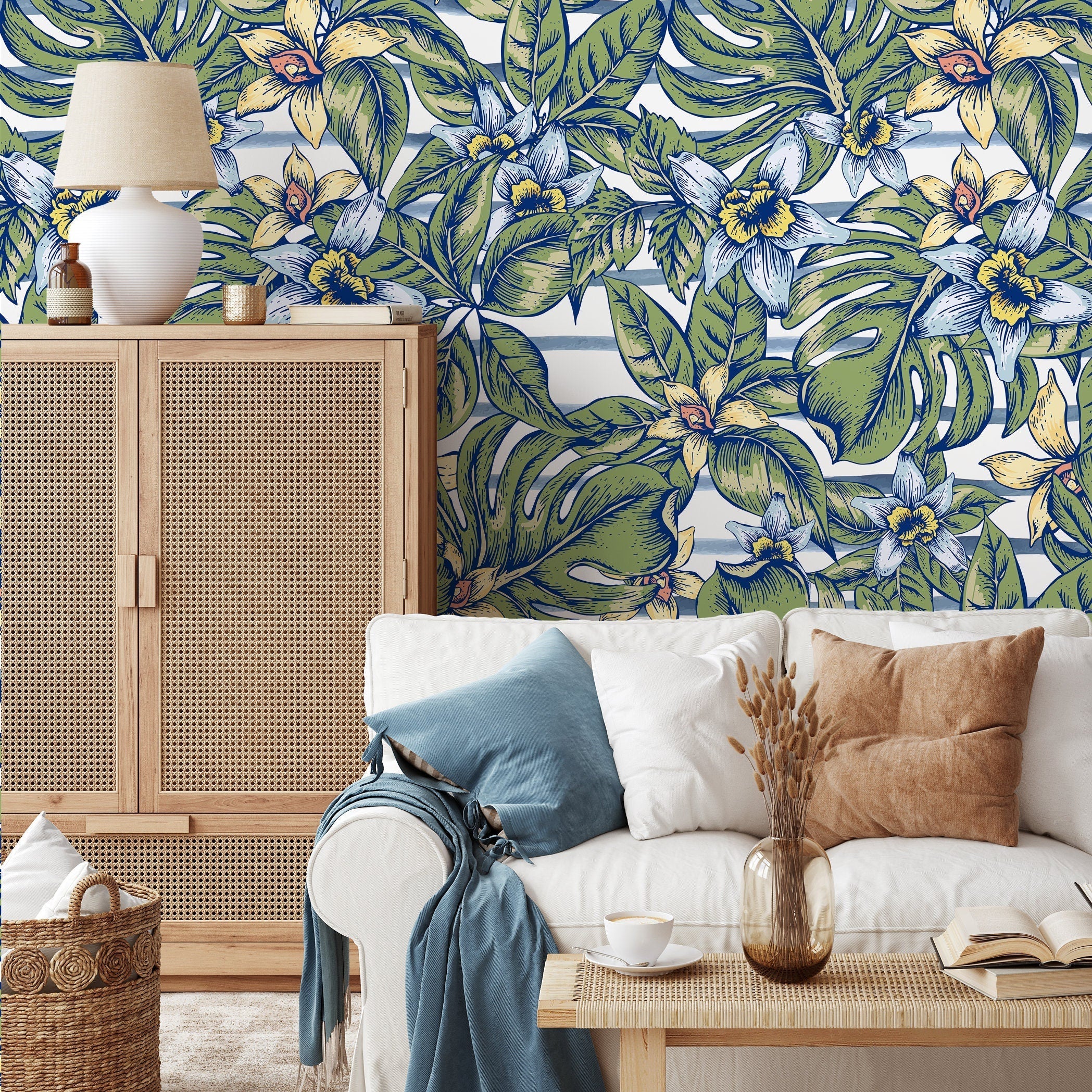 Botanical Wallpaper With Monstera Leaves And Flowers In Green, Blue, And Yellow - A969