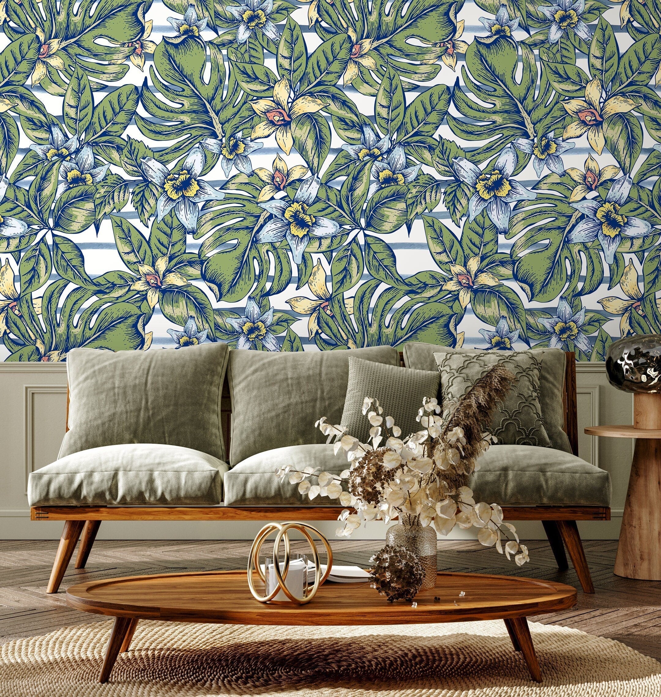 Botanical Wallpaper With Monstera Leaves And Flowers In Green, Blue, And Yellow - A969