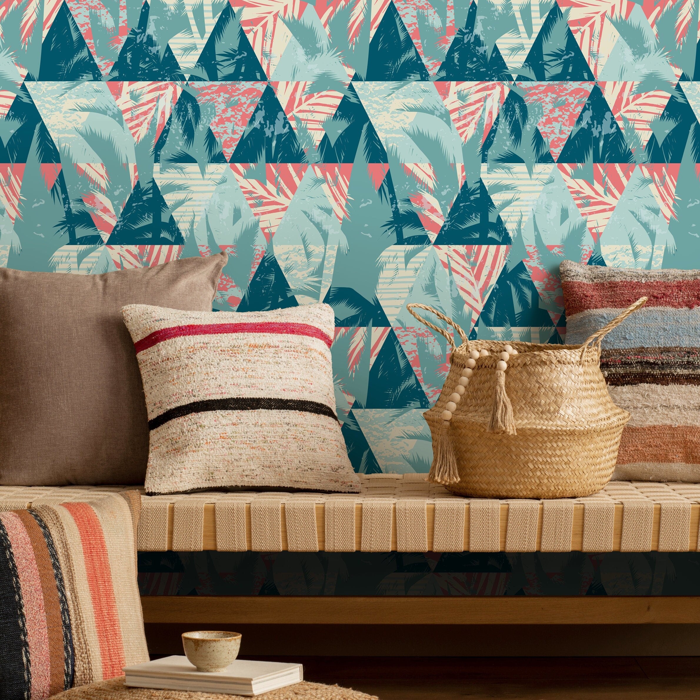 Abstract Wallpaper With A Tropical Triangle Motif In Teal, Coral, And Cream - A970