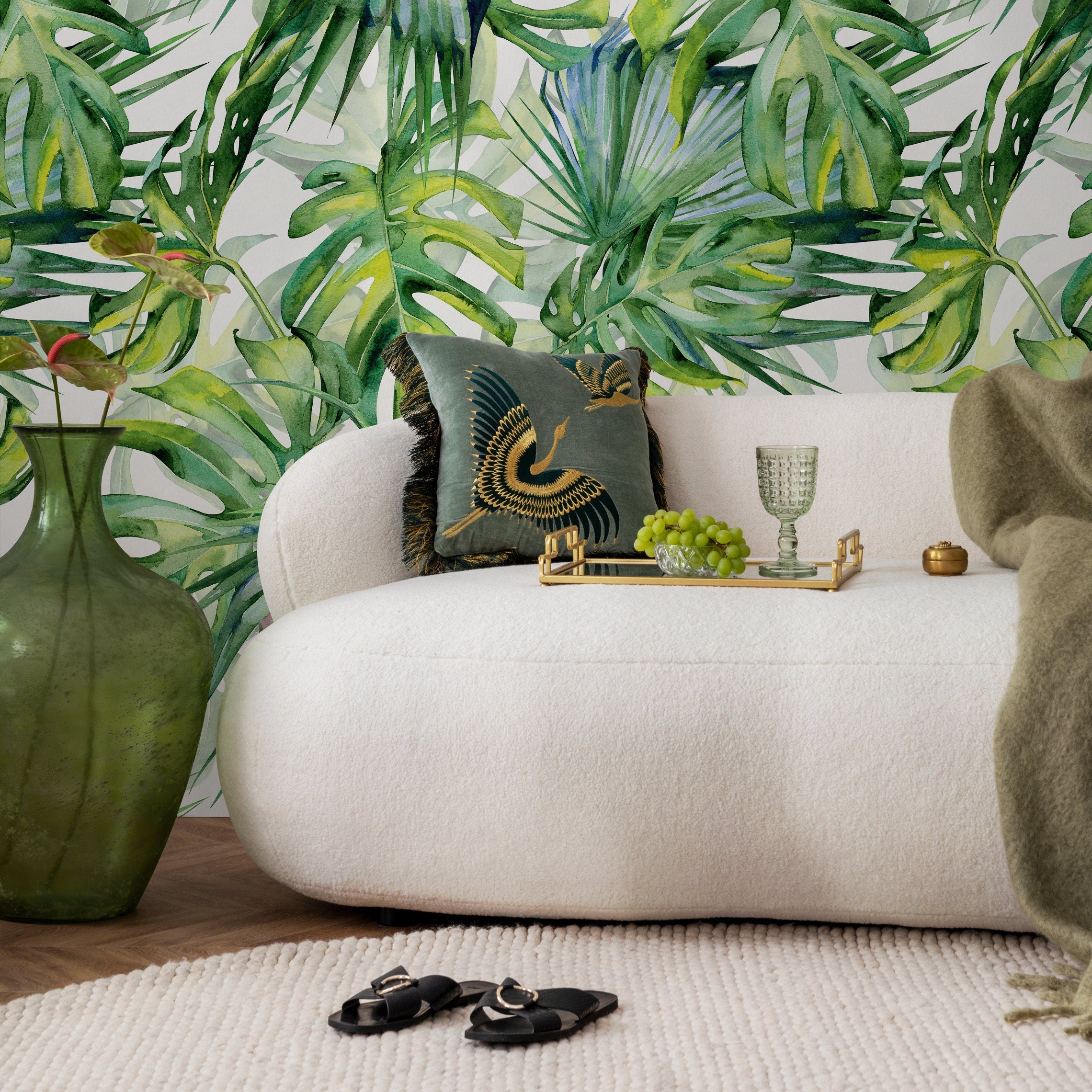 Botanical Wallpaper With A Watercolor Monstera Leaf Motif In Green And Yellow - A214