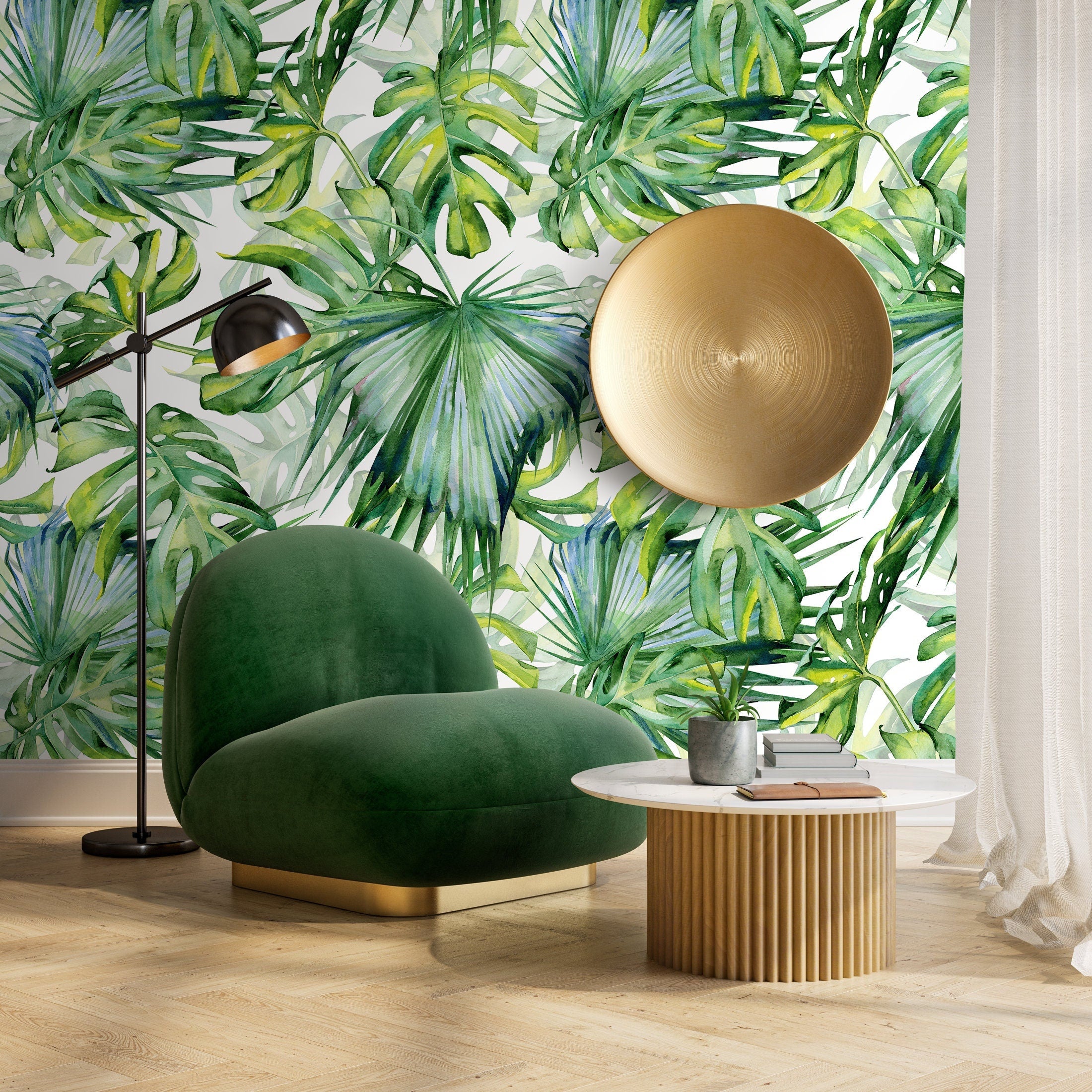 Botanical Wallpaper With A Watercolor Monstera Leaf Motif In Green And Yellow - A214