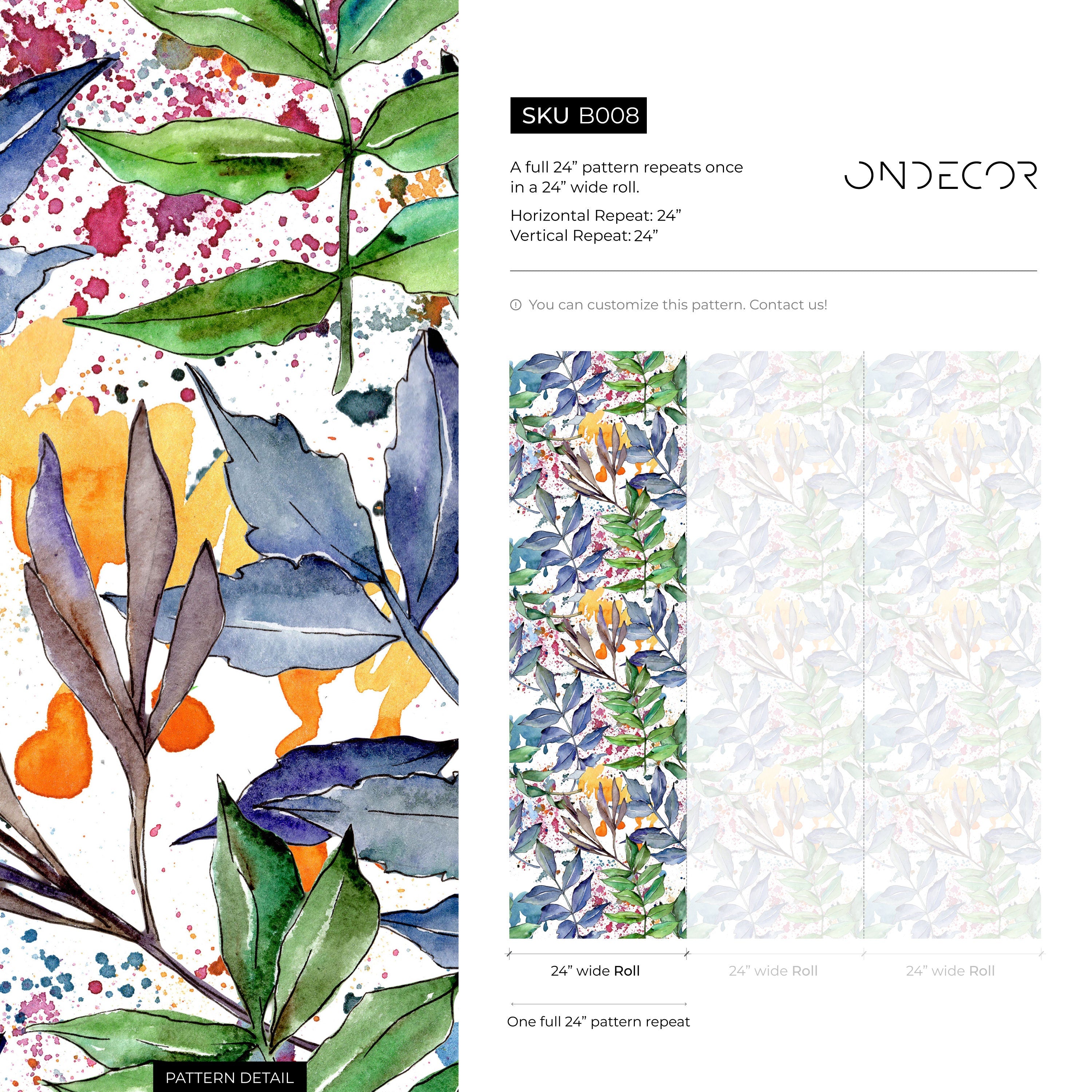 Botanical Wallpaper Featuring Watercolor Branches In Blue, Green, And Pink - B008