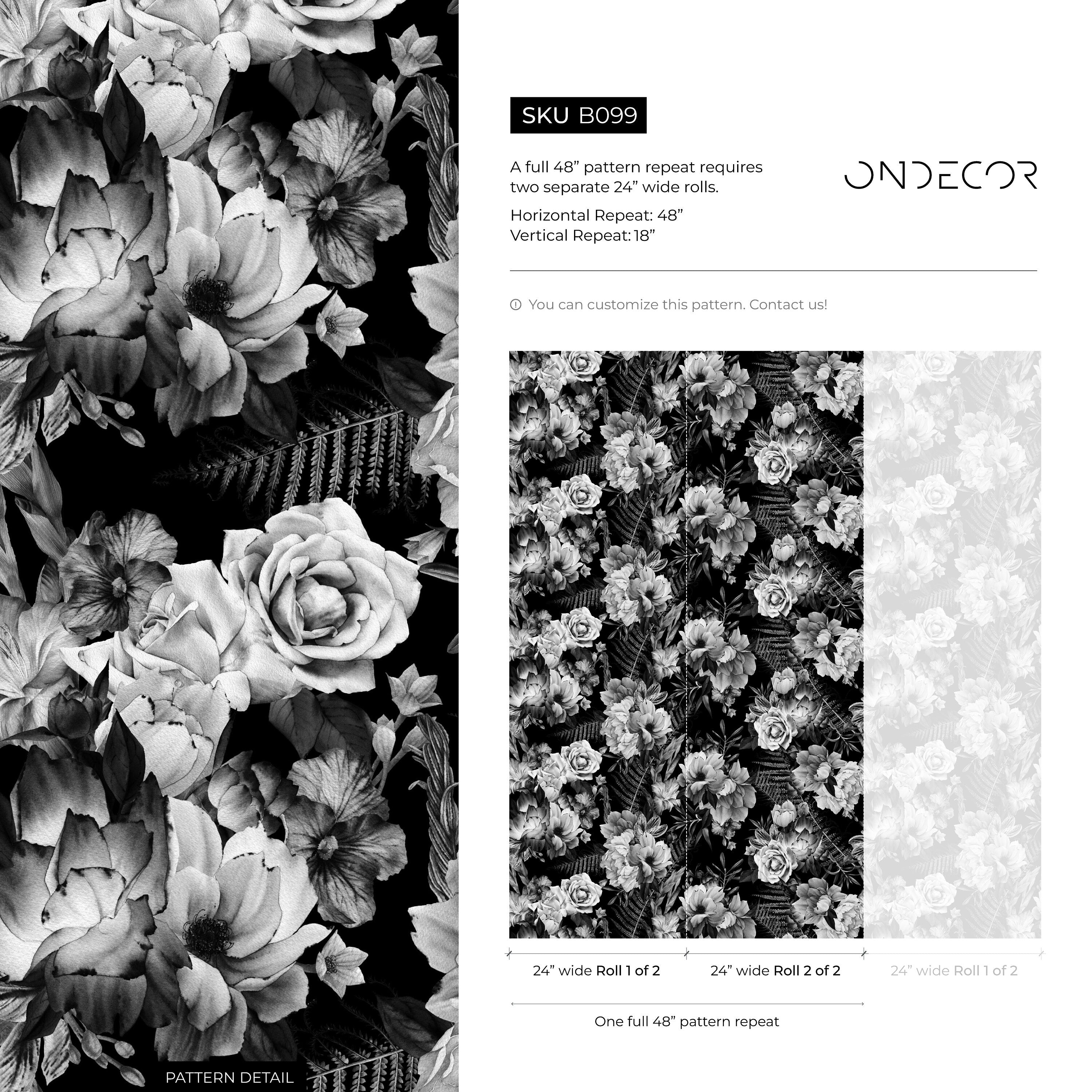 Floral Wallpaper With Dramatic Peonies And Roses In Black And White - B099