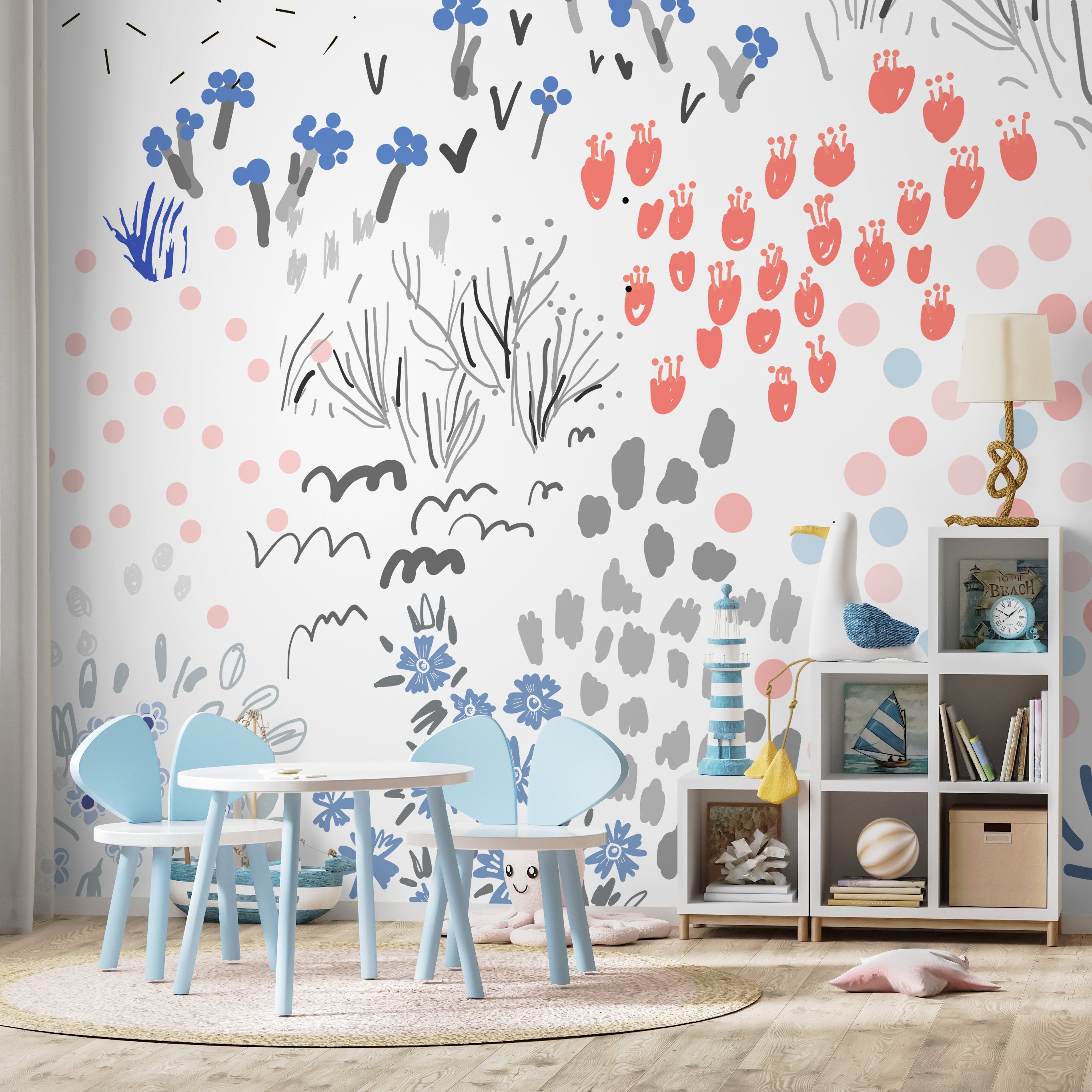 Abstract Wallpaper With Hand-drawn Motifs In Coral, Blue, And Grey - A719