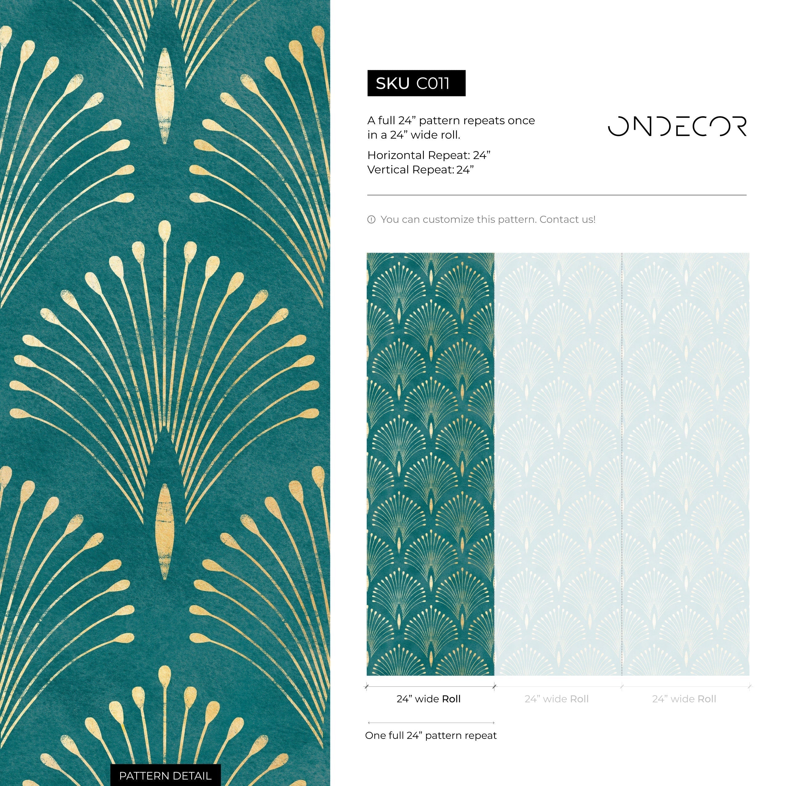 Art Deco Wallpaper With Geometric Palm Fronds In Teal And Gold - C011