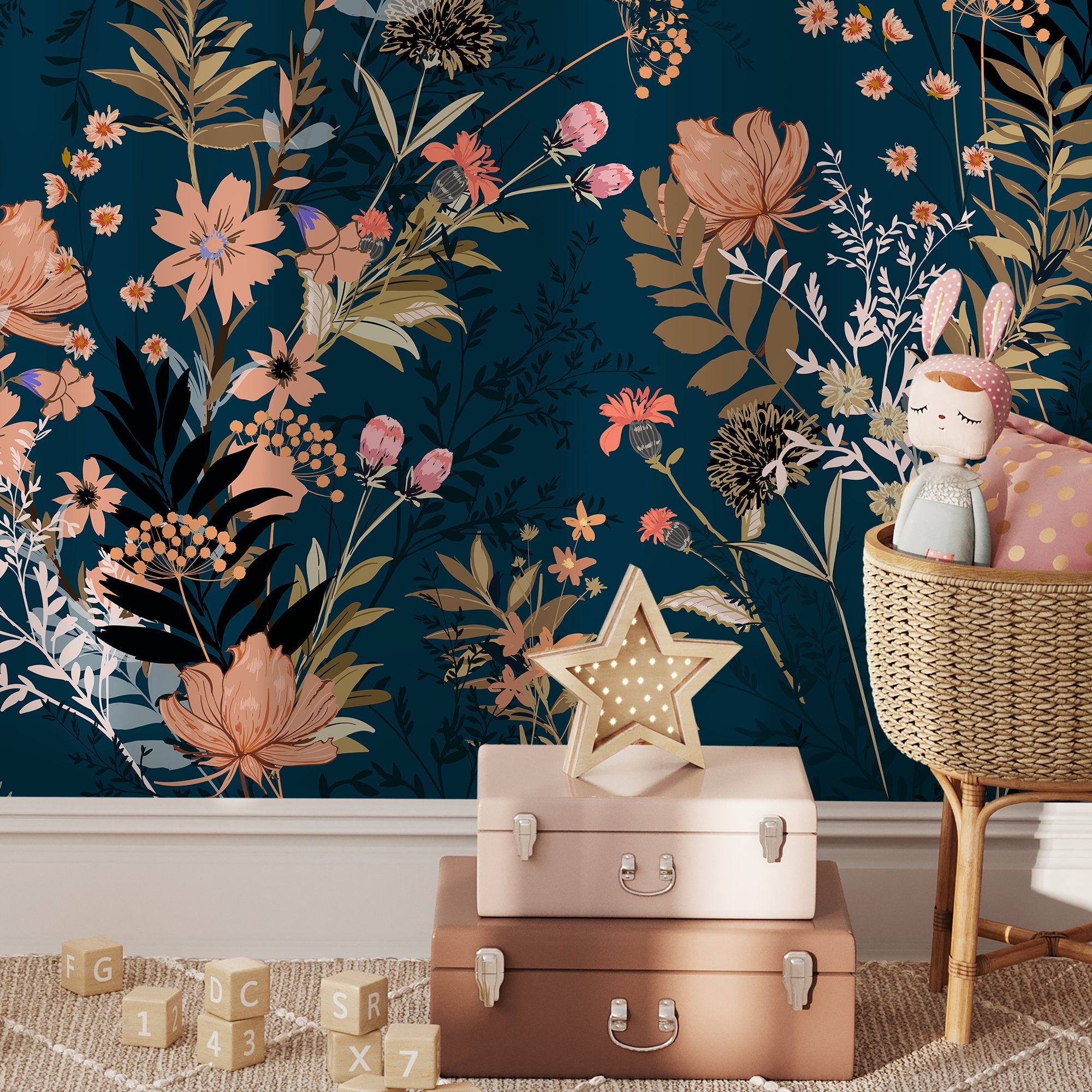 Floral Wallpaper With A Moody Wildflower Motif In Dark Teal, Pink, And Tan - A572