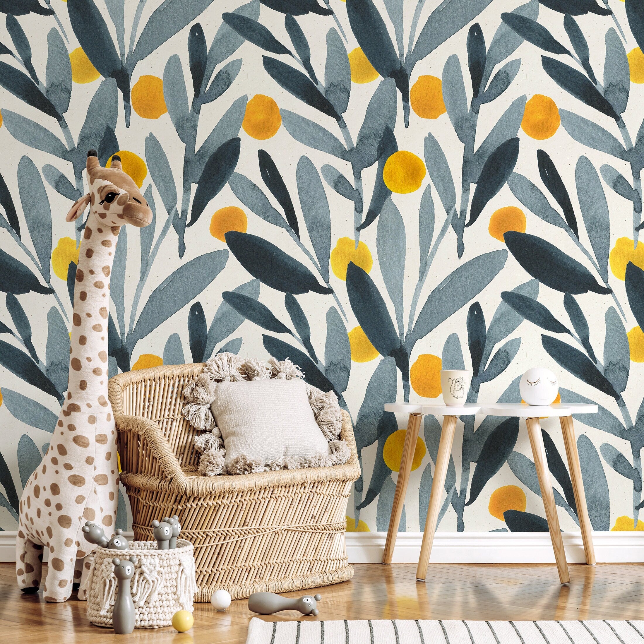 Botanical Wallpaper With Watercolor Olives In Blue, Gray, And Yellow - A401