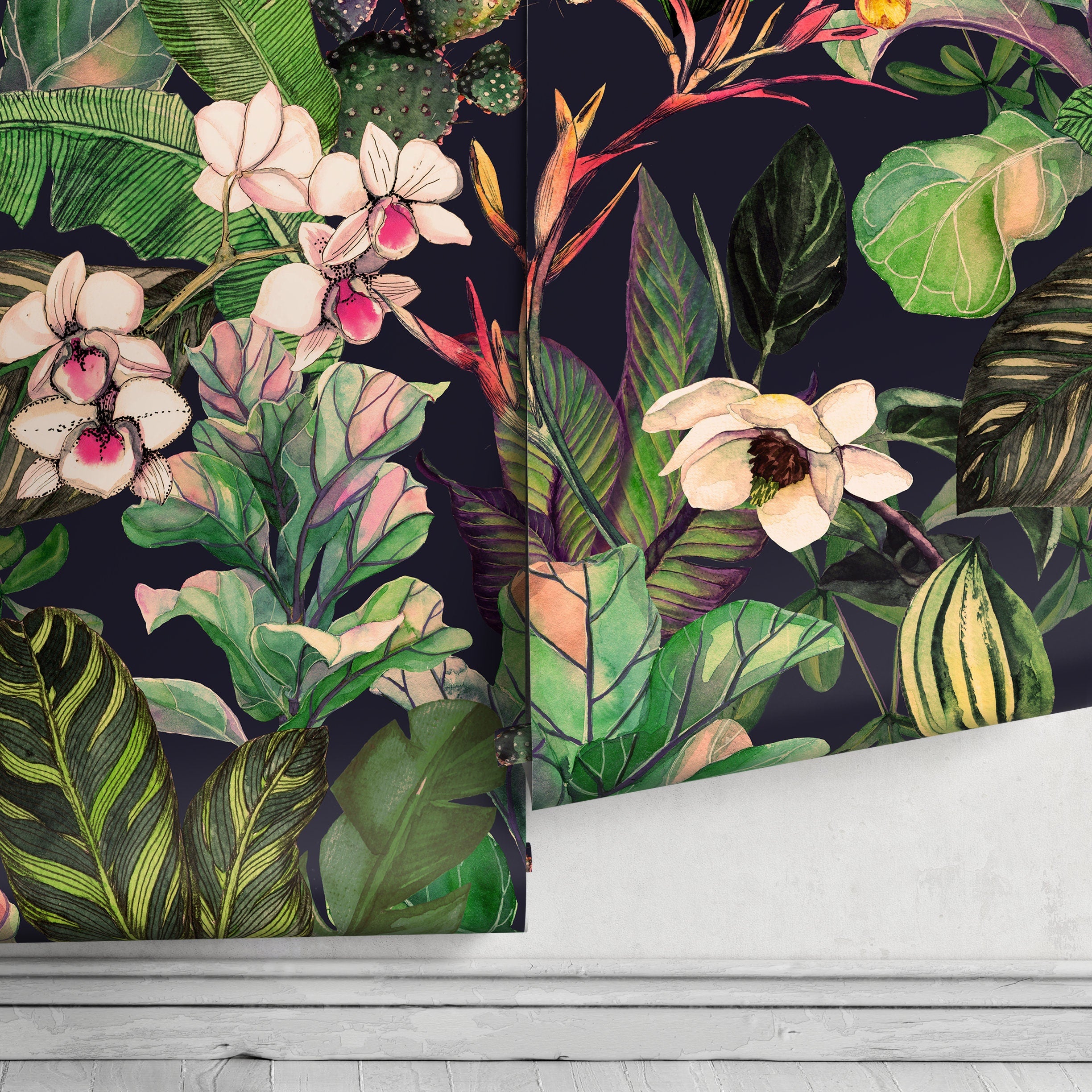 Tropical Wallpaper With Lush Jungle Leaves And Orchids In Green And Pink - A470
