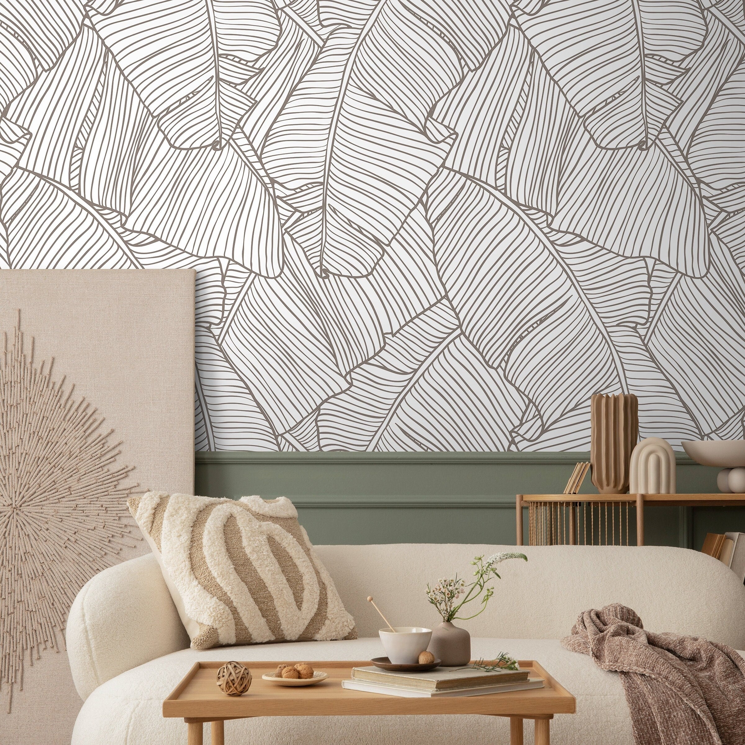 Botanical Wallpaper With Minimalist Banana Leaf Line Art In Taupe - A474