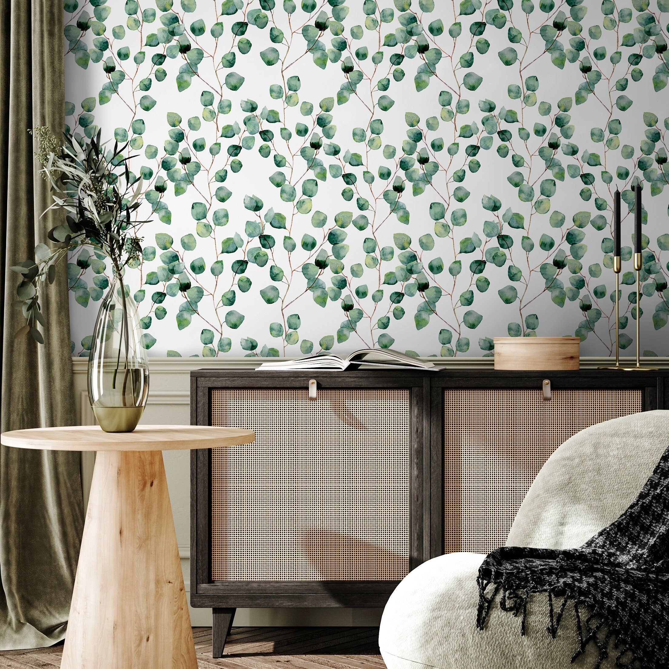 Botanical Wallpaper Featuring Watercolor Eucalyptus In Green And Brown - A126