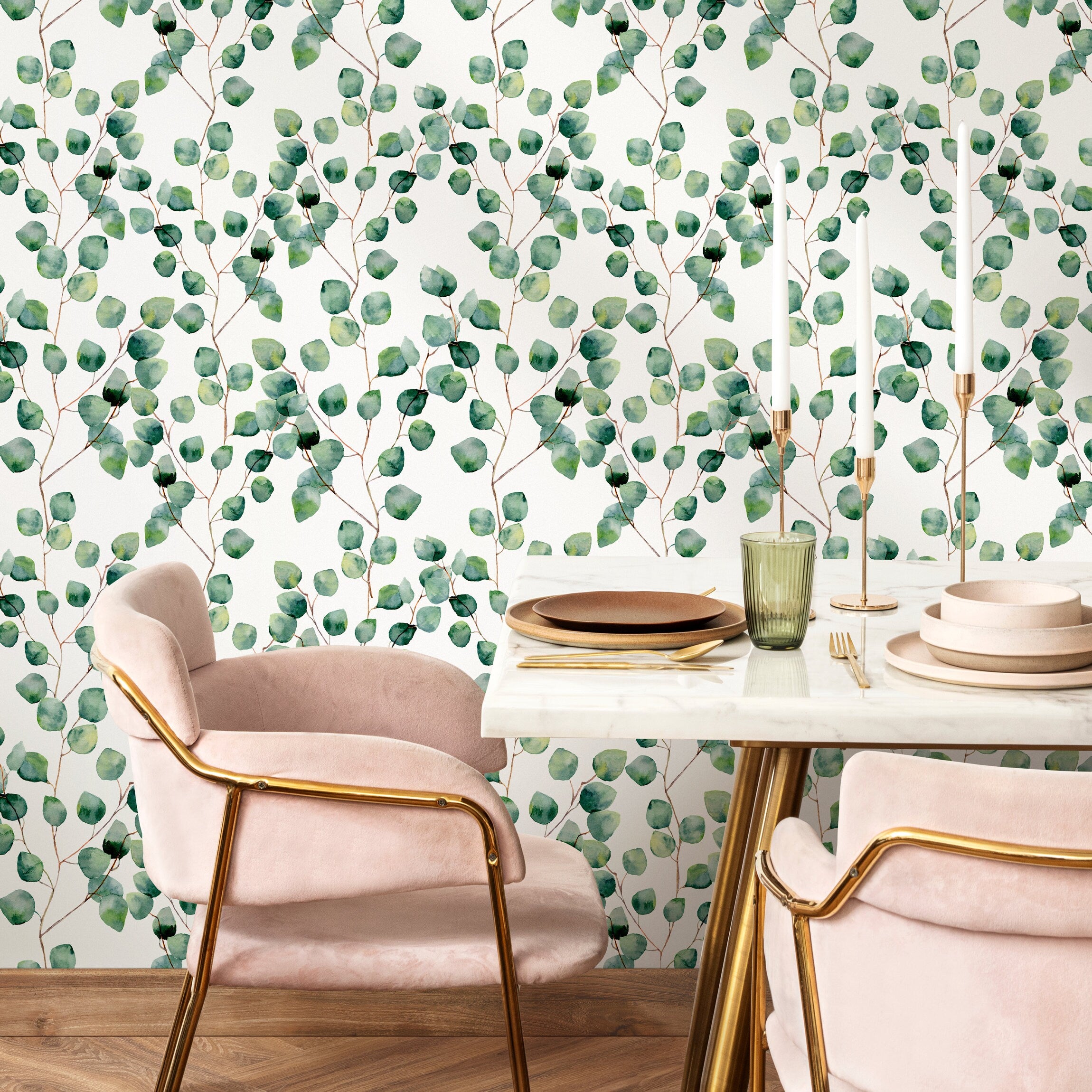 Botanical Wallpaper Featuring A Watercolor Eucalyptus Motif In Green And Brown - A126