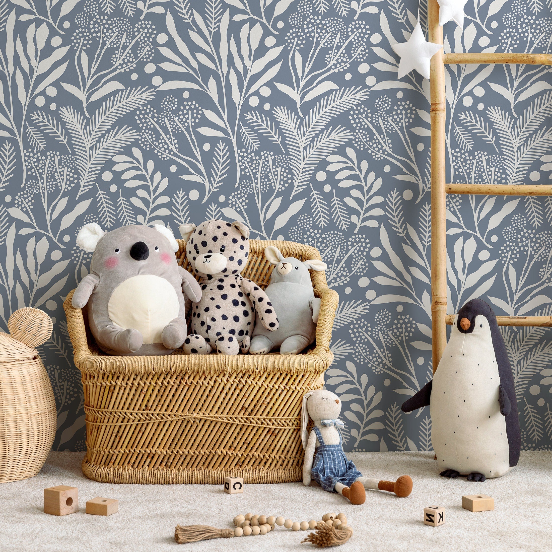 Botanical Wallpaper With A Foliage And Berry Motif In Blue And Off-white - A761