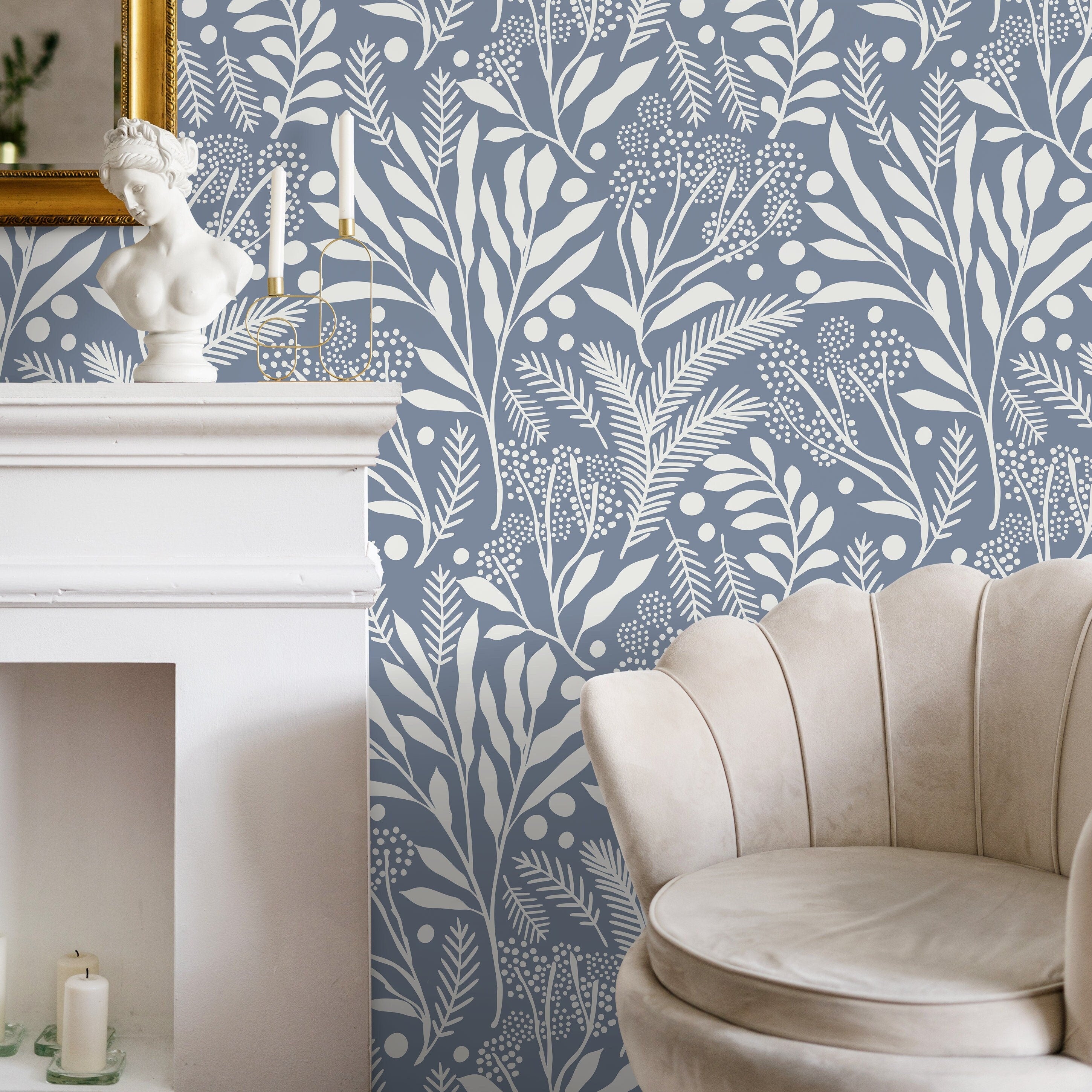 Botanical Wallpaper With A Foliage And Berry Motif In Blue And Off-white - A761