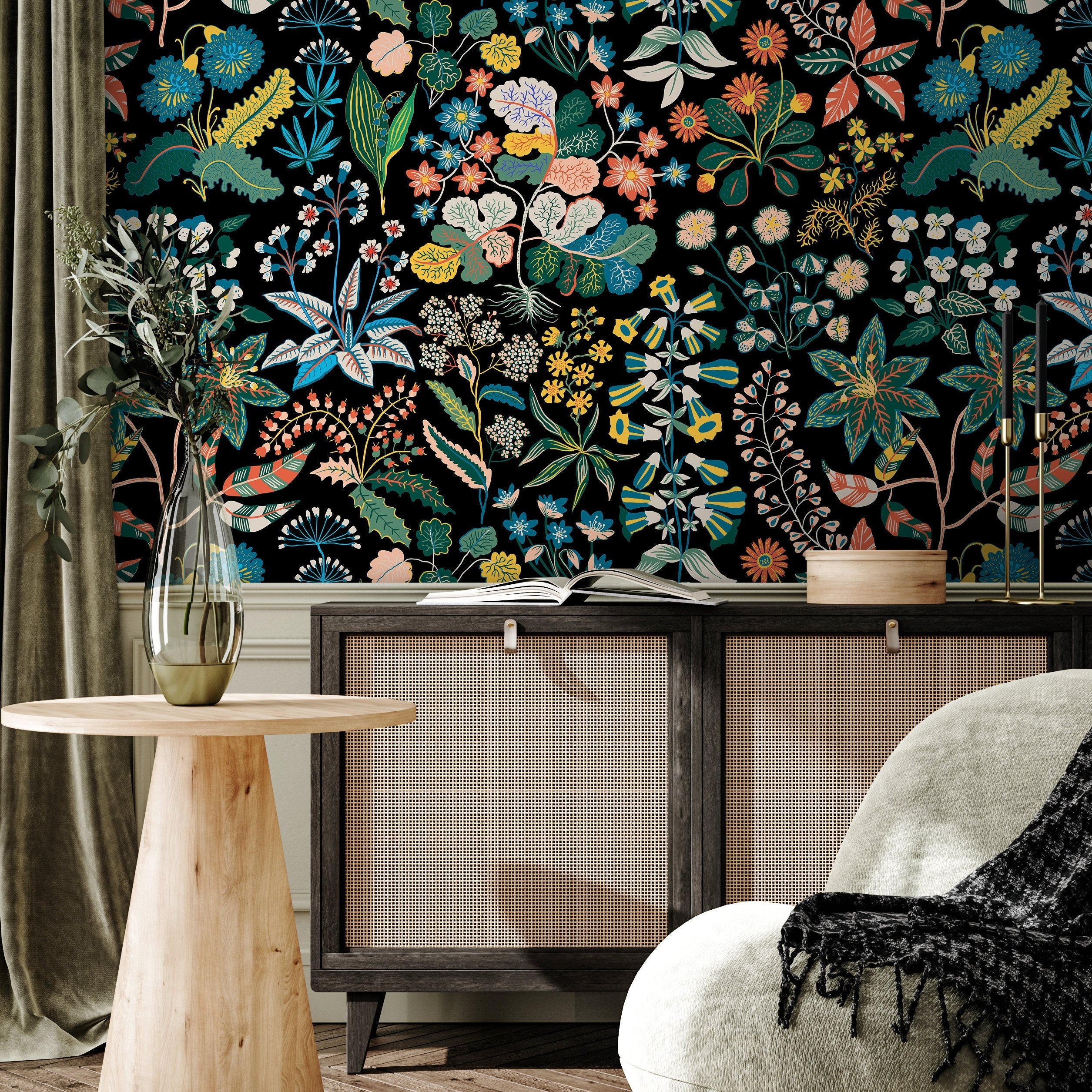 Botanical Wallpaper Featuring A Folk Art Floral Motif In Yellow, Blue, And Green - A936