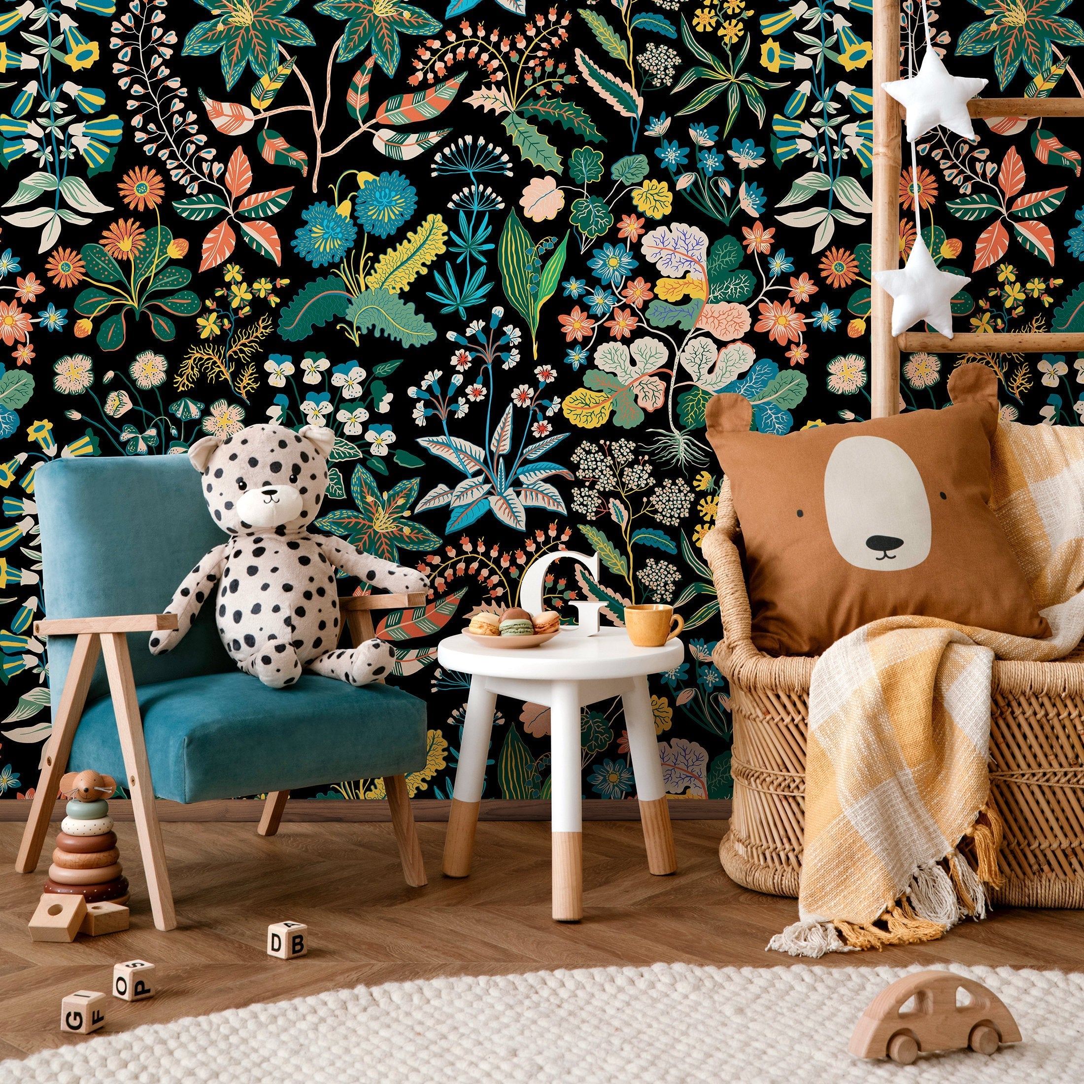 Botanical Wallpaper Featuring A Folk Art Floral Motif In Yellow, Blue, And Green - A936
