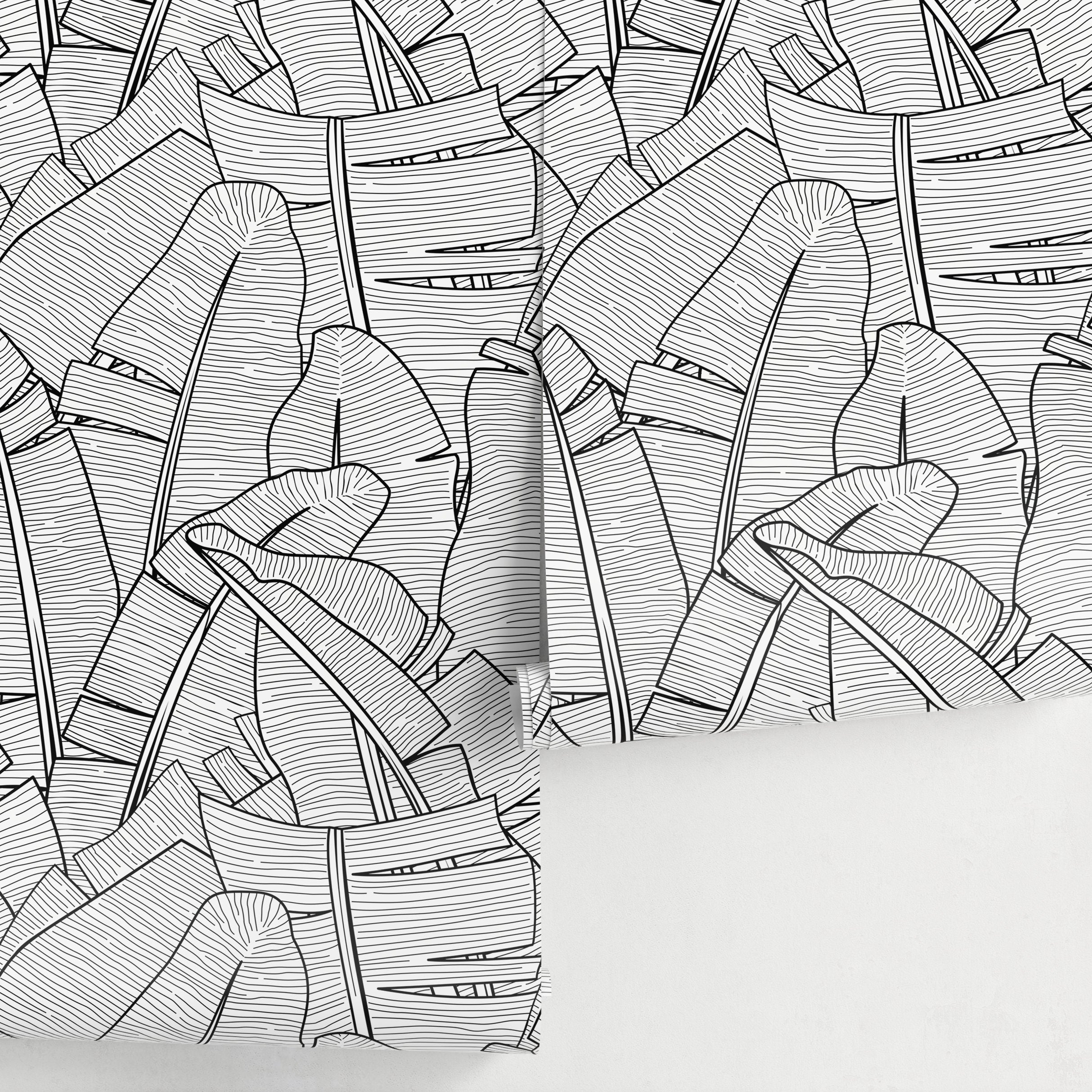 Botanical Wallpaper Featuring A Line Art Banana Leaf Motif In Black And White - A961