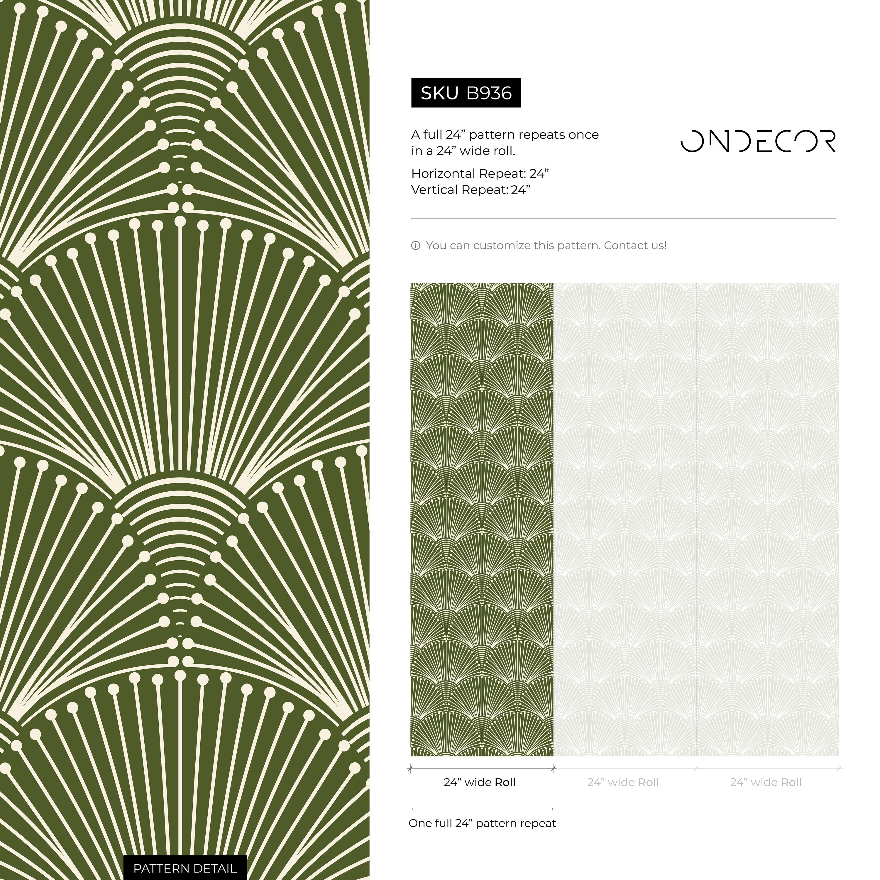 Art Deco Wallpaper With A Scalloped Fan Motif In Green And Cream - B936