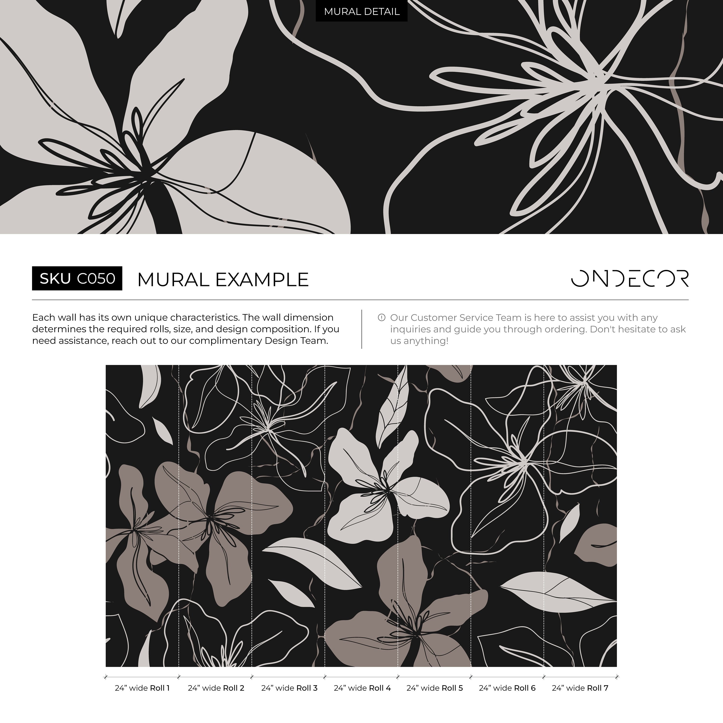 Floral Wallpaper With Elegant Line Art Flowers In Black And Beige - C050