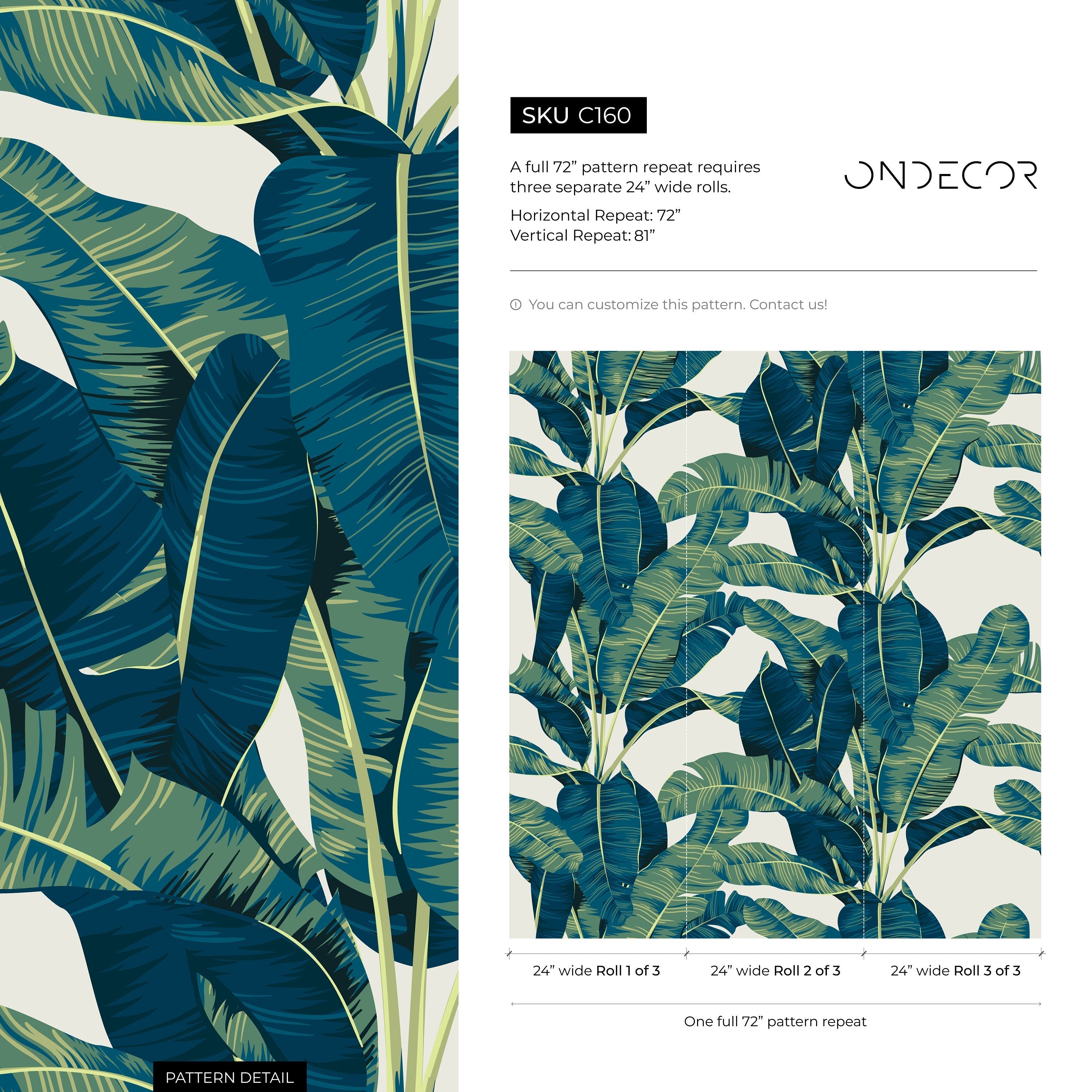 Tropical Wallpaper With Lush Banana Leaves In Teal And Green - C160