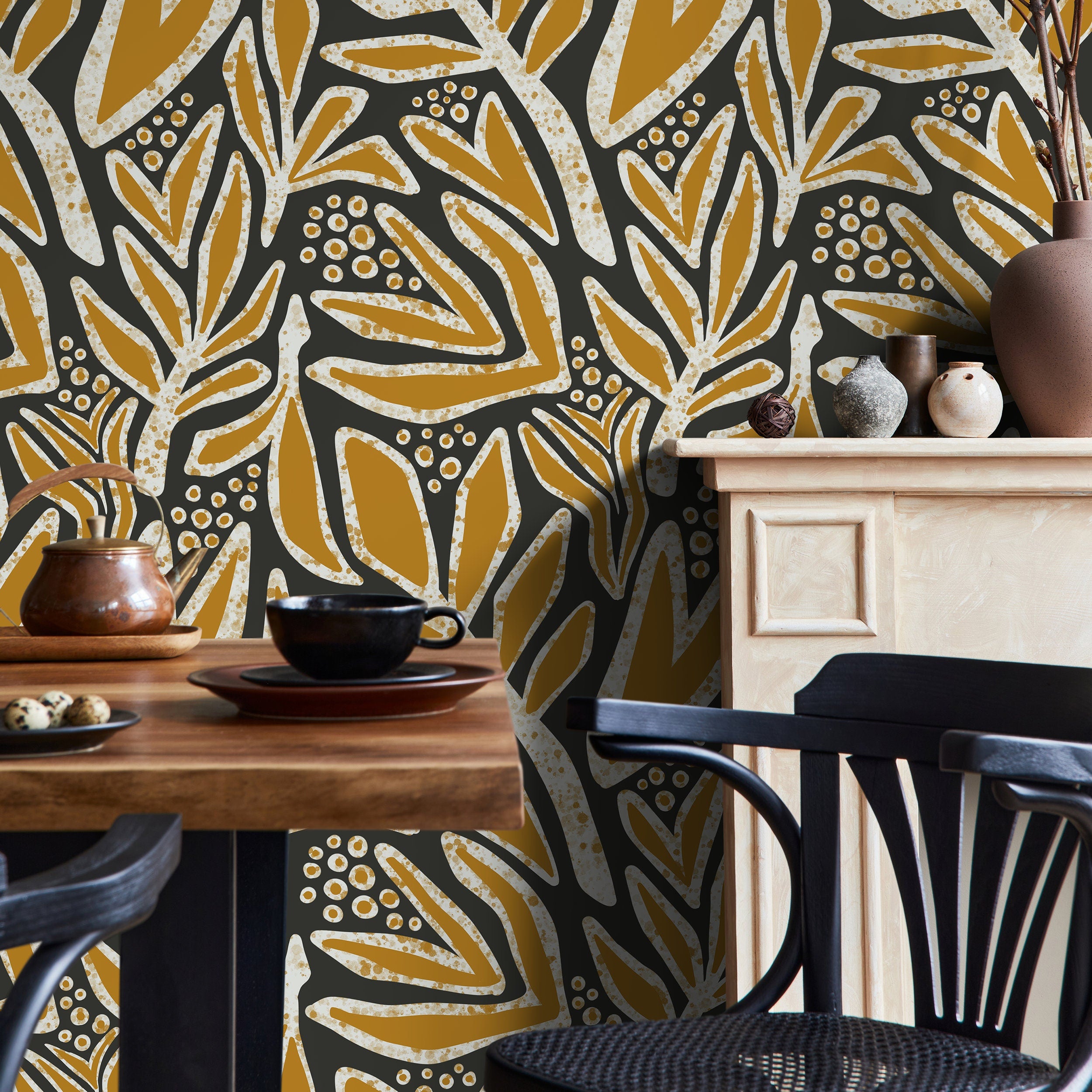 Botanical Wallpaper With Abstract Leaves In Mustard, Taupe, And Black - X177