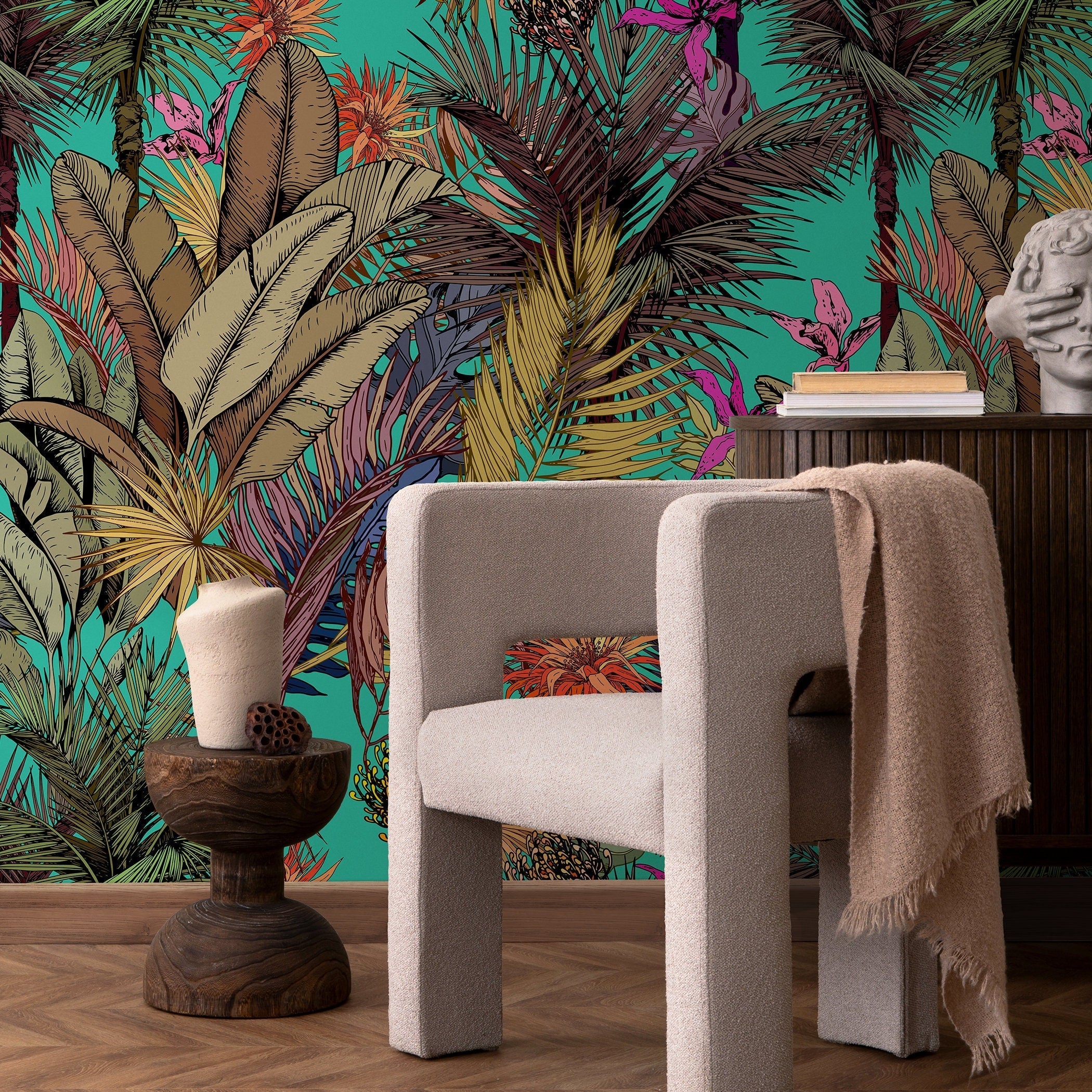 Tropical Wallpaper Featuring Exotic Jungle Leaves In Teal, Pink, And Gold - A764