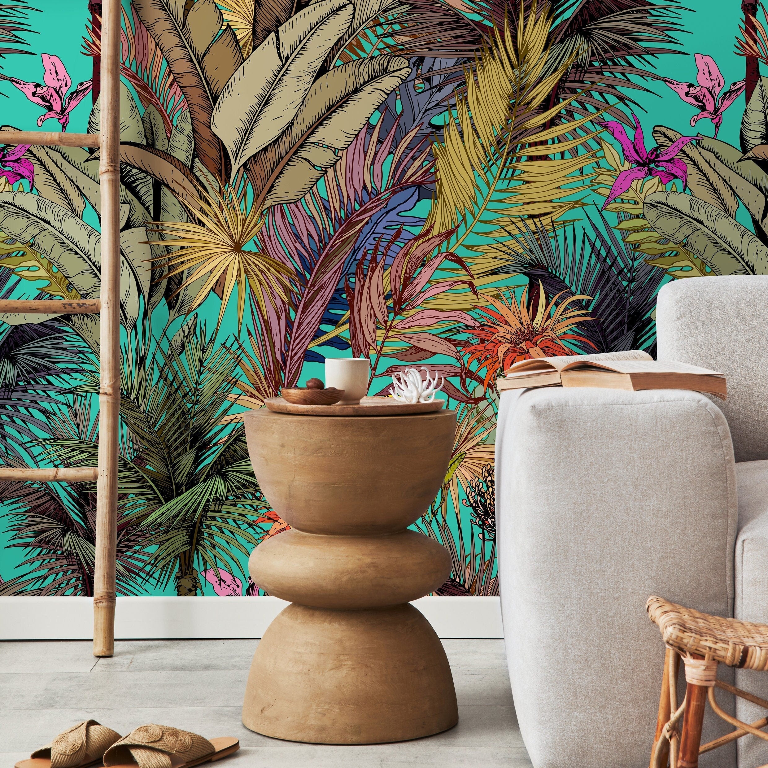 Tropical Wallpaper Featuring Exotic Jungle Leaves In Teal, Pink, And Gold - A764