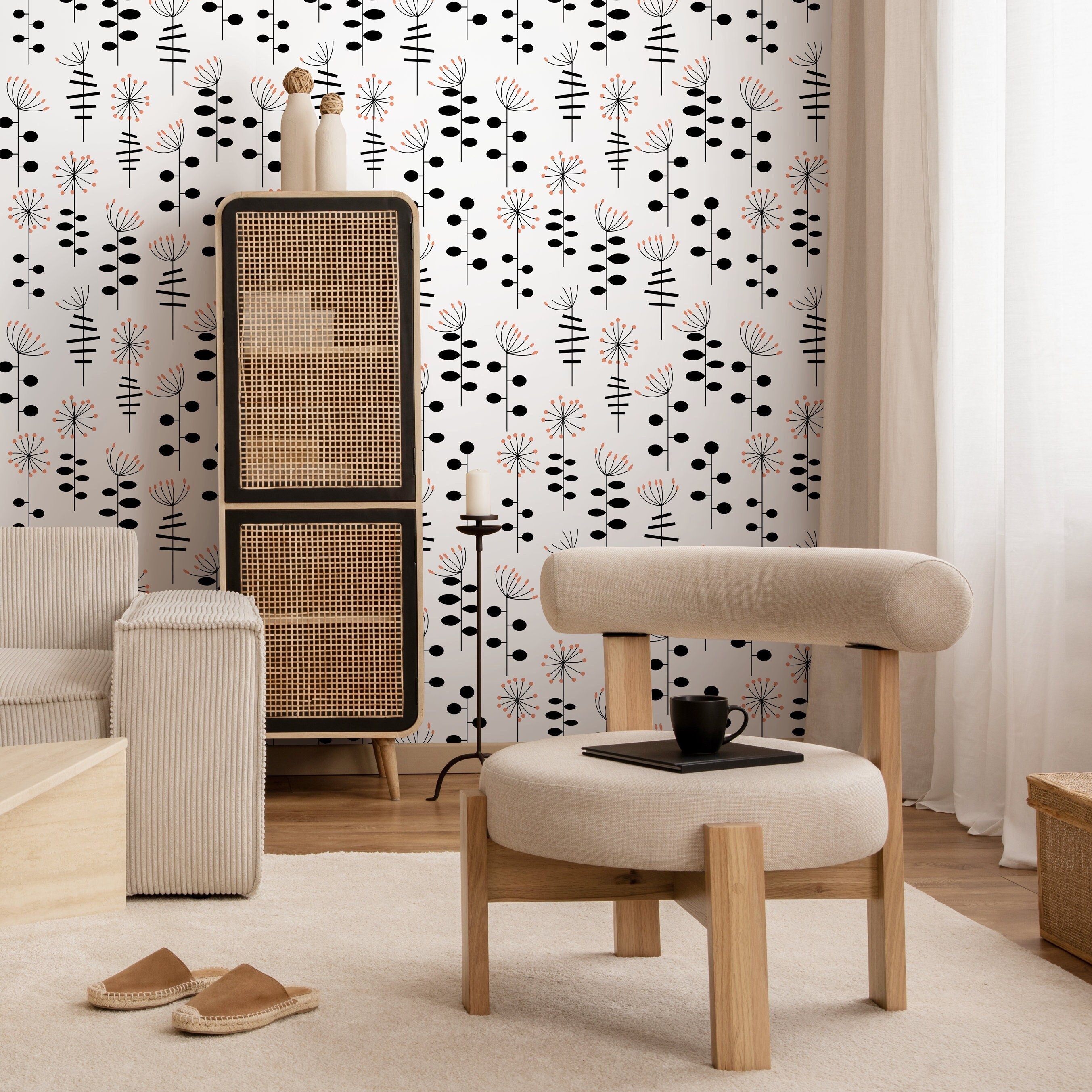 Abstract Floral Wallpaper With Stylized Botanicals In Black And Terracotta - A882